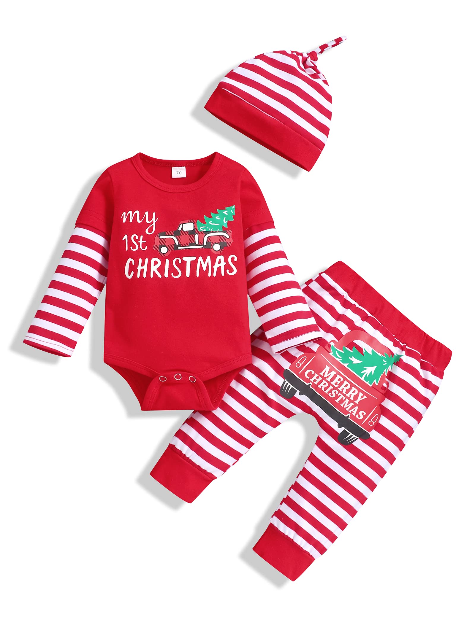 bilisonMy 1st Christmas Outfit Newborn Baby Boy Long Sleeve Romper Striped Pants with Hat Christmas Clothes Sets