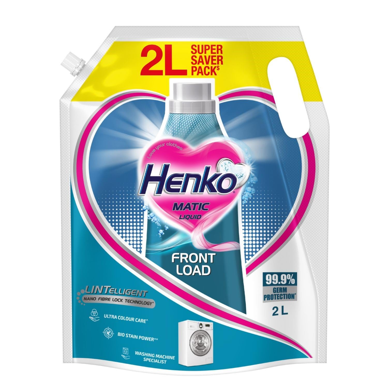 Henko Matic Front Load Liquid Detergent - 2L Refill Pouch with Nano Fiber Lock Technology, 99.9% Germ Protection, Bio Stain Power & Ultra Color Care which maintains the Newness, Color & Shine