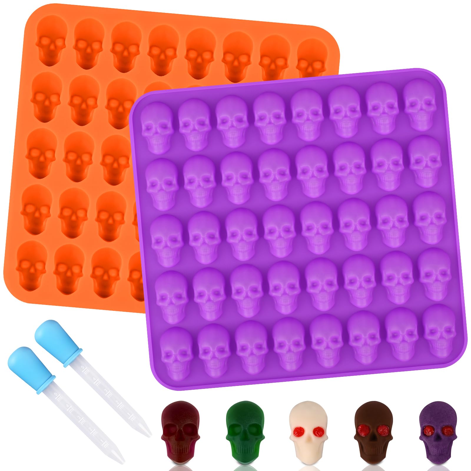 Sakolla 2 Pack Gummy Skull Candy Silicone Molds 40 Cavity Silicone Skull Molds with 2 Droppers for Halloween Chocolate, Candy,Jelly, Wax Melt, Dog Treats, Ice Cube