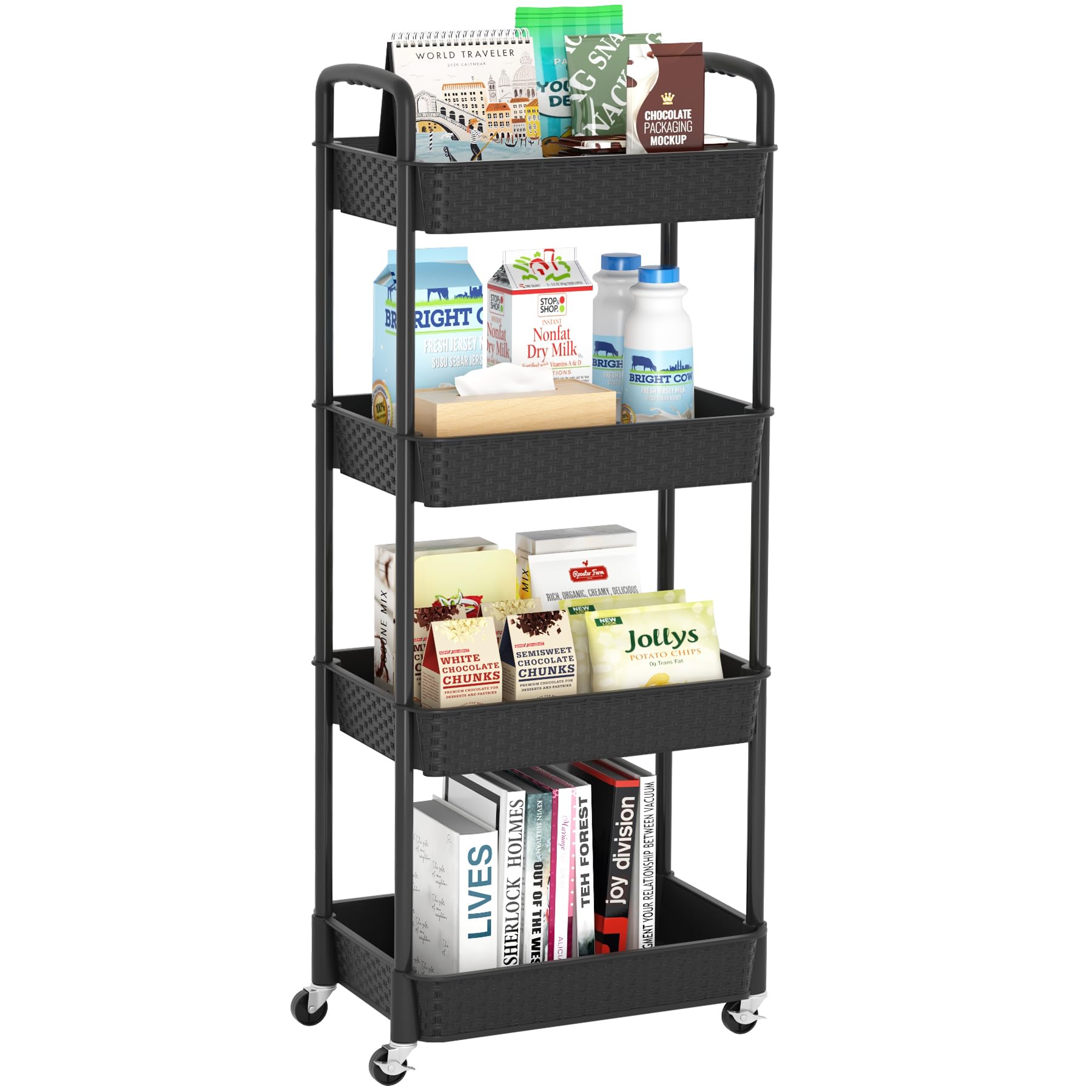 MOYIPIN 4-Tier Plastic Rolling Cart with Handle,Utility Storage Cart with Office, Living Room, Kitchen,Movable Storage Organizer Shelves,Black