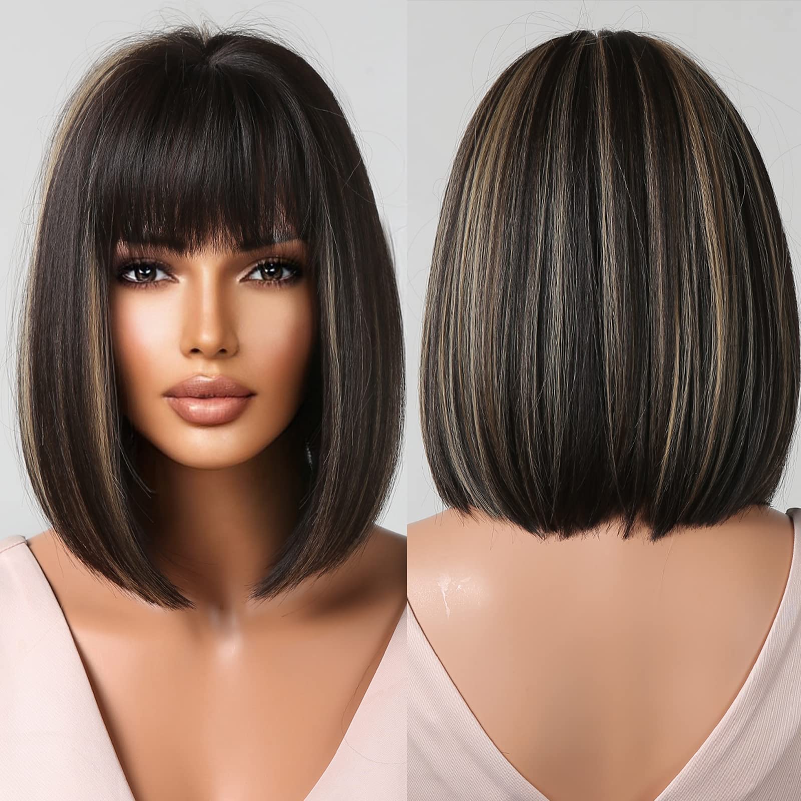 Allbell Bob Wigs For Women Short Black Mixed Blonde Wigs With Bangs Synthetic Wig Christmas Wig