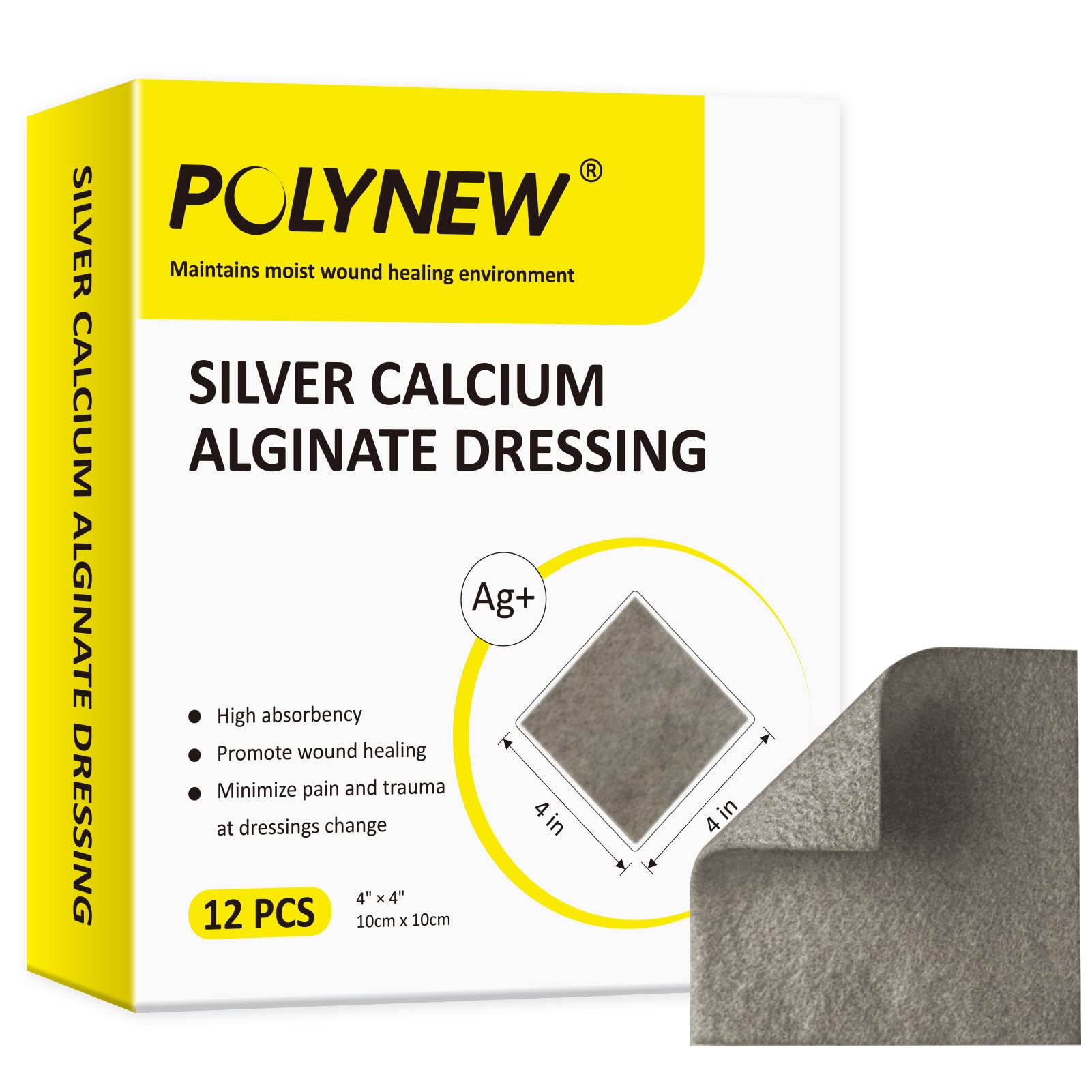 Polynew Silver Calcium Alginate Dressing, 4"x4"-12 Individual Pack, Highly Absorbent Ag Alginate Wound Bandage, Non-Adhesive Wound Dressing for Bed Sore, Pressure Sore, Leg Ulcer Wound Health