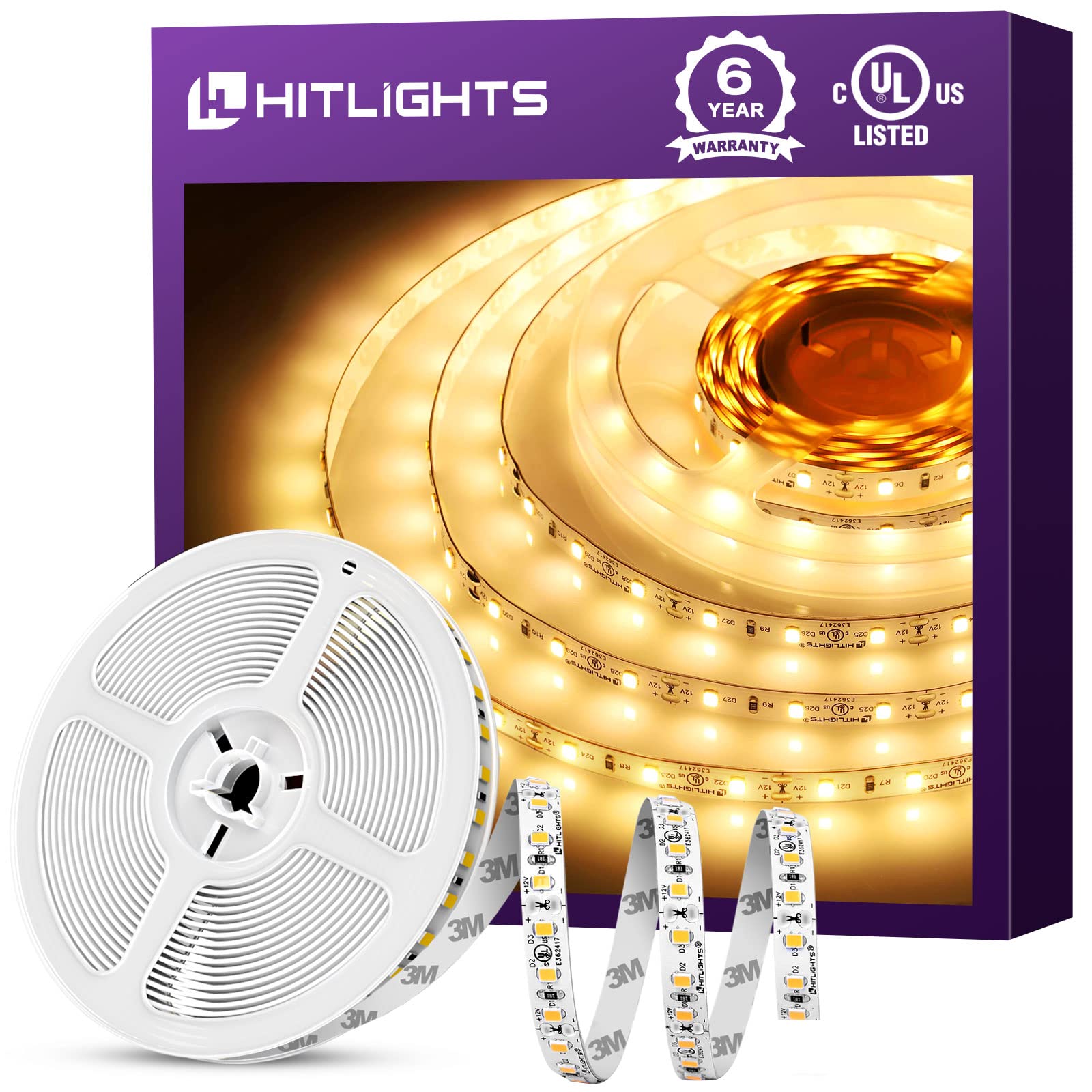 HitLights LED Strip Lights for Bedroom, 24.6Ft High Density LED Tape Light, 3000K Warm White, 900 LEDs/Reel, 67W, 12V Rope Lights for Under Cabinet, Kitchen, Living Room, UL-Listed