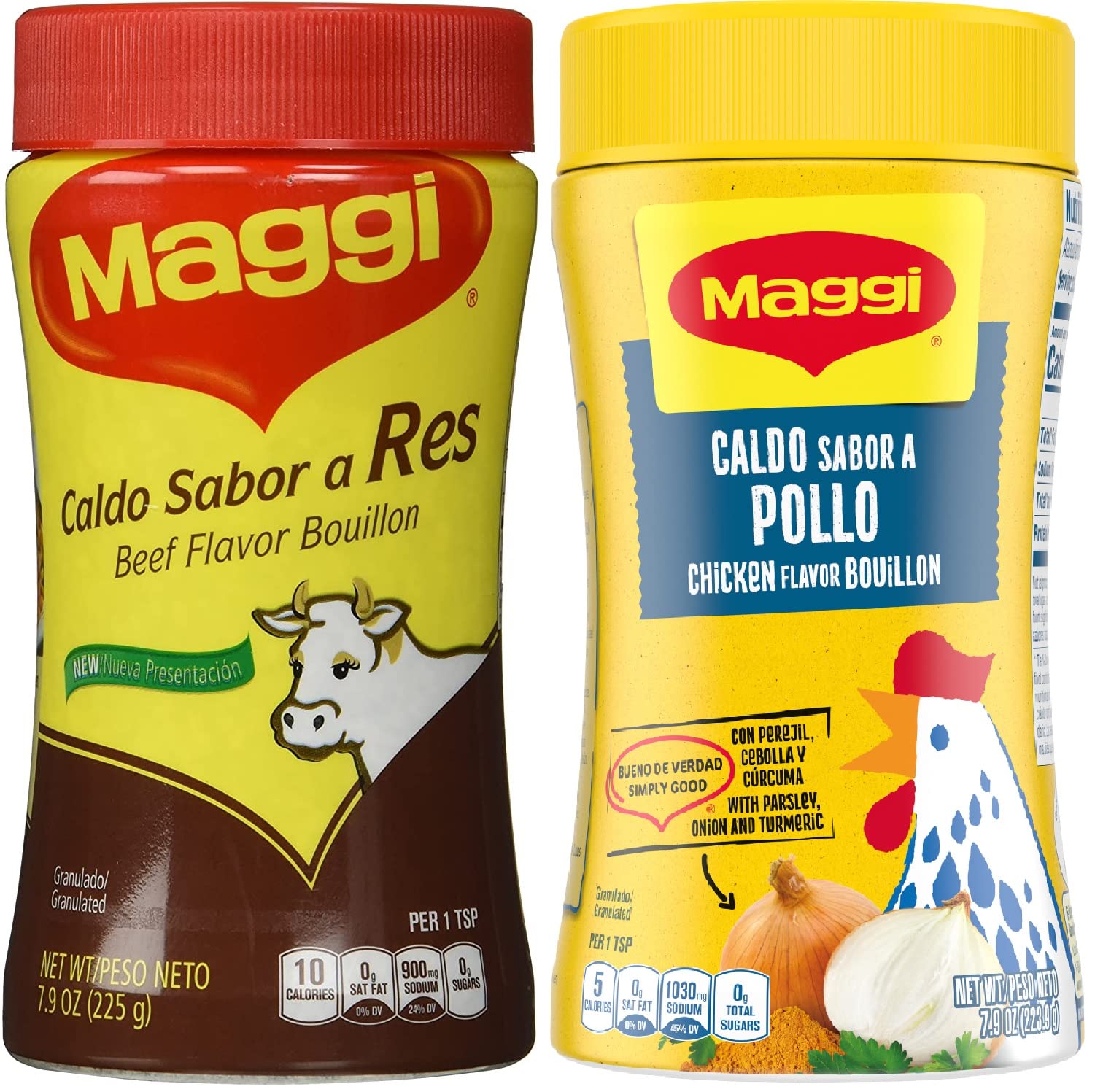 Maggi Chicken & Beef Bouillon Powder - Granulated Seasoning Base for Stock Bone Broth Ramen Stew Consome de Pollo Gluten Free 7.9 oz each container