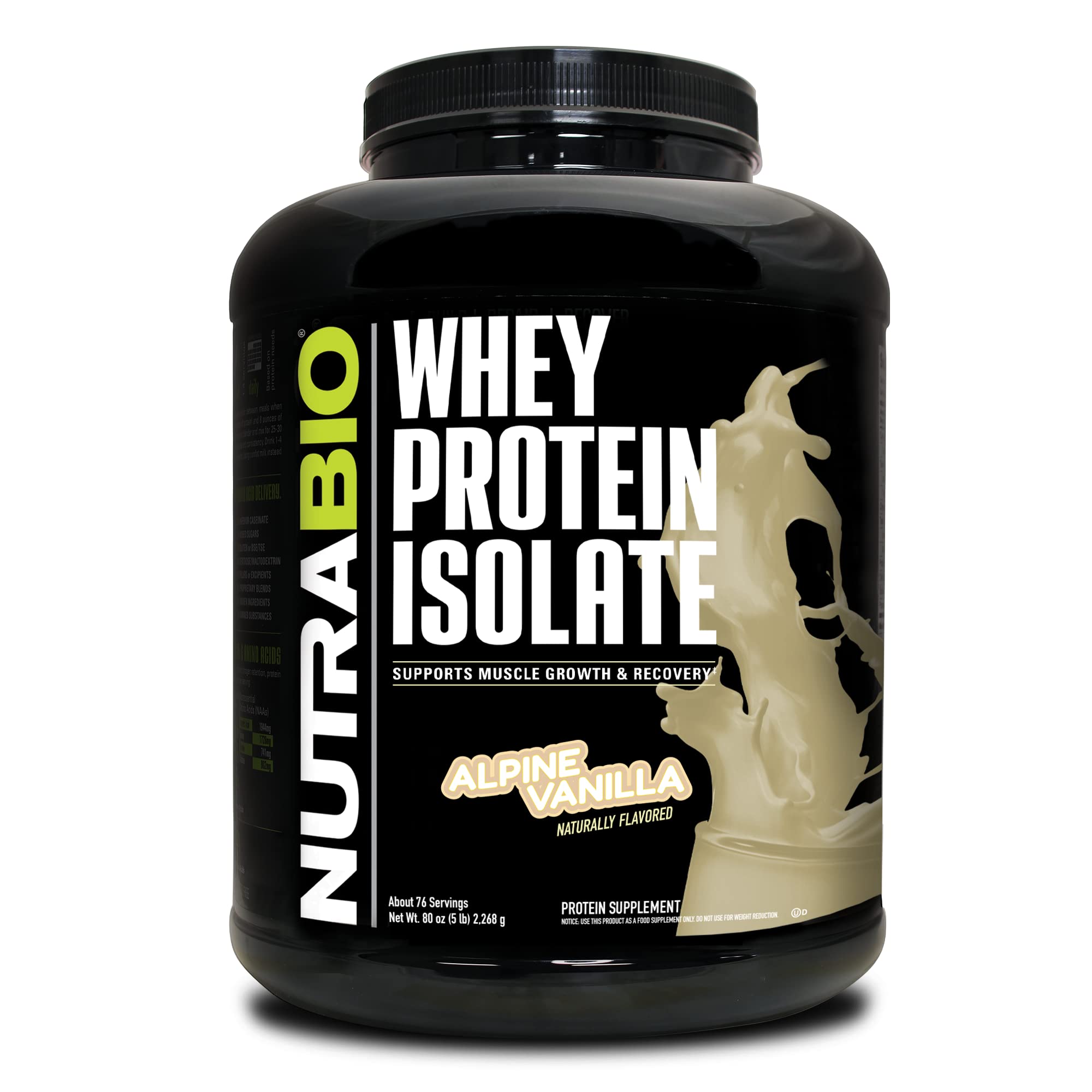 NutraBio Whey Protein Powder Isolate Supplement – 25g of Protein Per Scoop with Complete Amino Acid Profile - Soy and Gluten Free Protein Powder - Zero Fillers and Non-GMO - Alpine Vanilla - 5 Lbs.