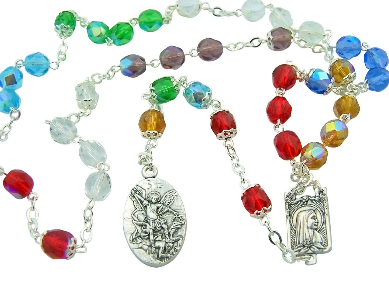 WJHCatholic Rosary Multi Color Glass Saint Michael Rosary Chaplet Holy Card Set