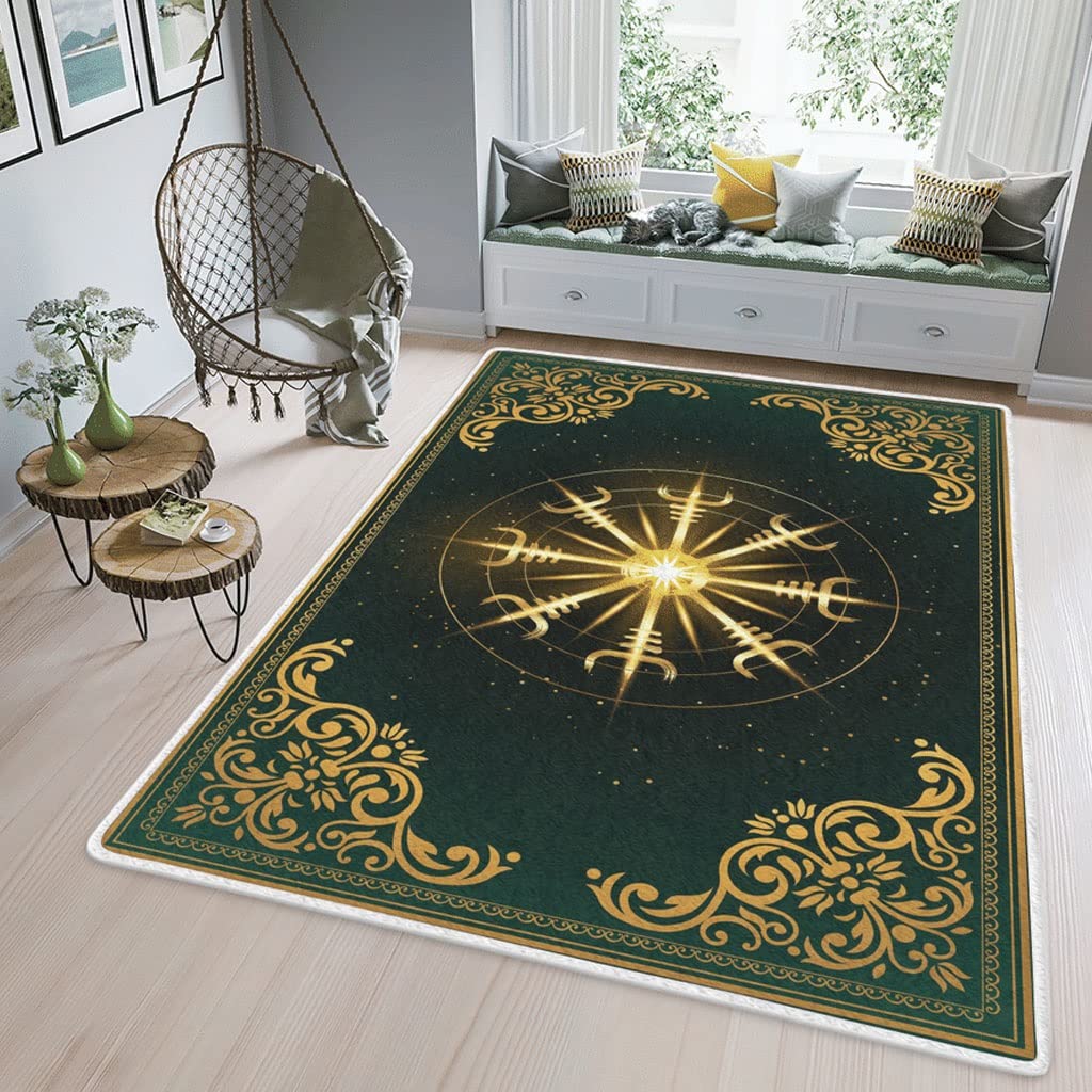 DUSALA 3D Print Norse Mythology Helm of Awe Tattoo Room Bedroom Area Rug, Soft Cozy Flannel Carpet Washable (Color : Black, Size : 120 x 180CM)