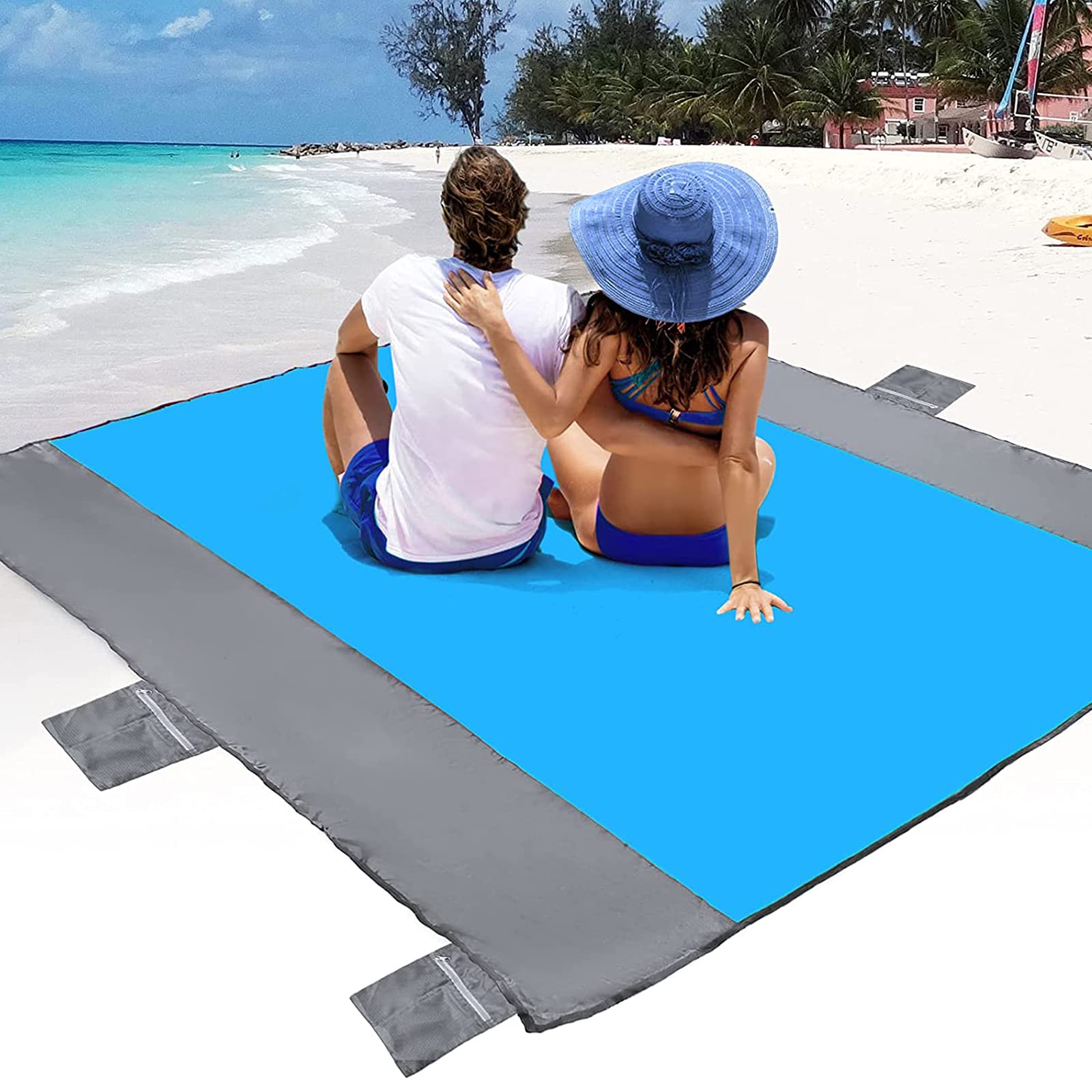 Beach Blanket,Large Sandproof Beach Mat For 4-7 Adults,Waterproof Pocket Picnic Blanket With 4 Stakes,Outdoor Blanket For Travel, Camping,Hiking