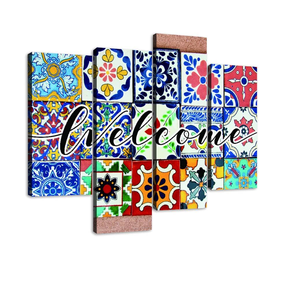 Talavera Handcrafted Mexican Ceramic Tile Pattern Canvas Wall Art Hanging Paintings Mexican Ceramic Welcome Sign Decor Modern Artwork Abstract Wall Decor for Home Gift Unique Designed Framed 4 panel