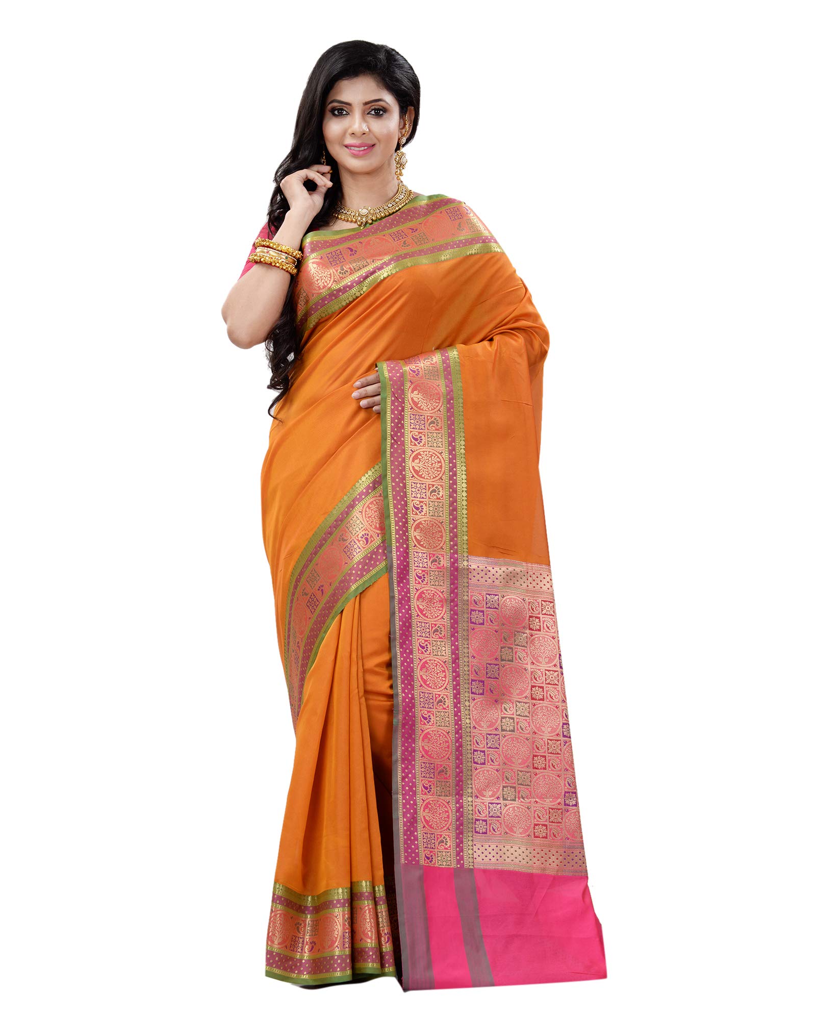 Jamevar Brocade Labyrinth Florel Gold MULTICOLOR Banarasi Jacquard Jamdani Saree BTC-AN11 MUSTARD