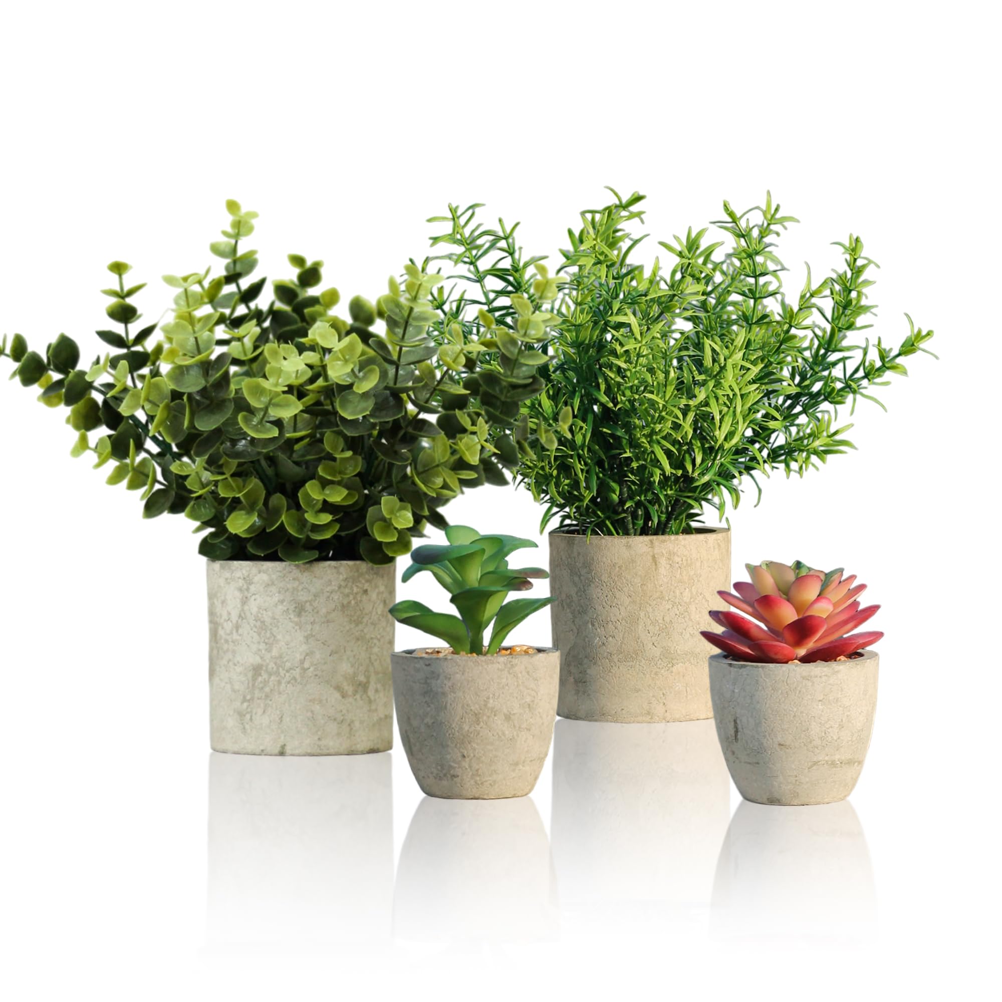 MAHMITIY Fake plants Artificial Plants Indoor Set of 4 Potted Foliage Eucalyptus Rosemary Succulents Mini Faux Plant for Room Decor Home Kitchen Garden Office Shelf Wall Decoration Indoor & Outdoor