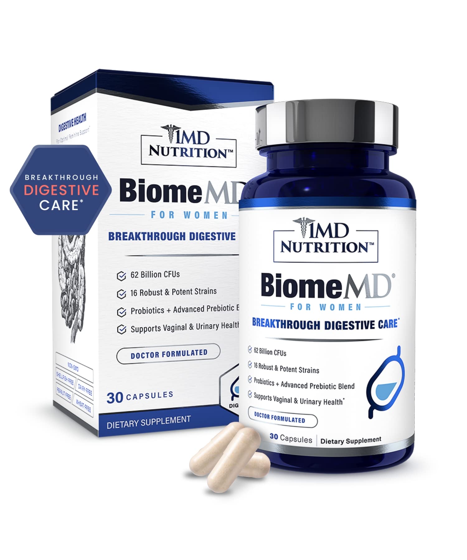 1MD Nutrition BiomeMD Probiotics for Women - Daily Prebiotics and Probiotics for Women - More Than 60 Billion CFUs, 15 Strains - Womens Probiotic to Support Urinary & Vaginal Health - 30 Capsules