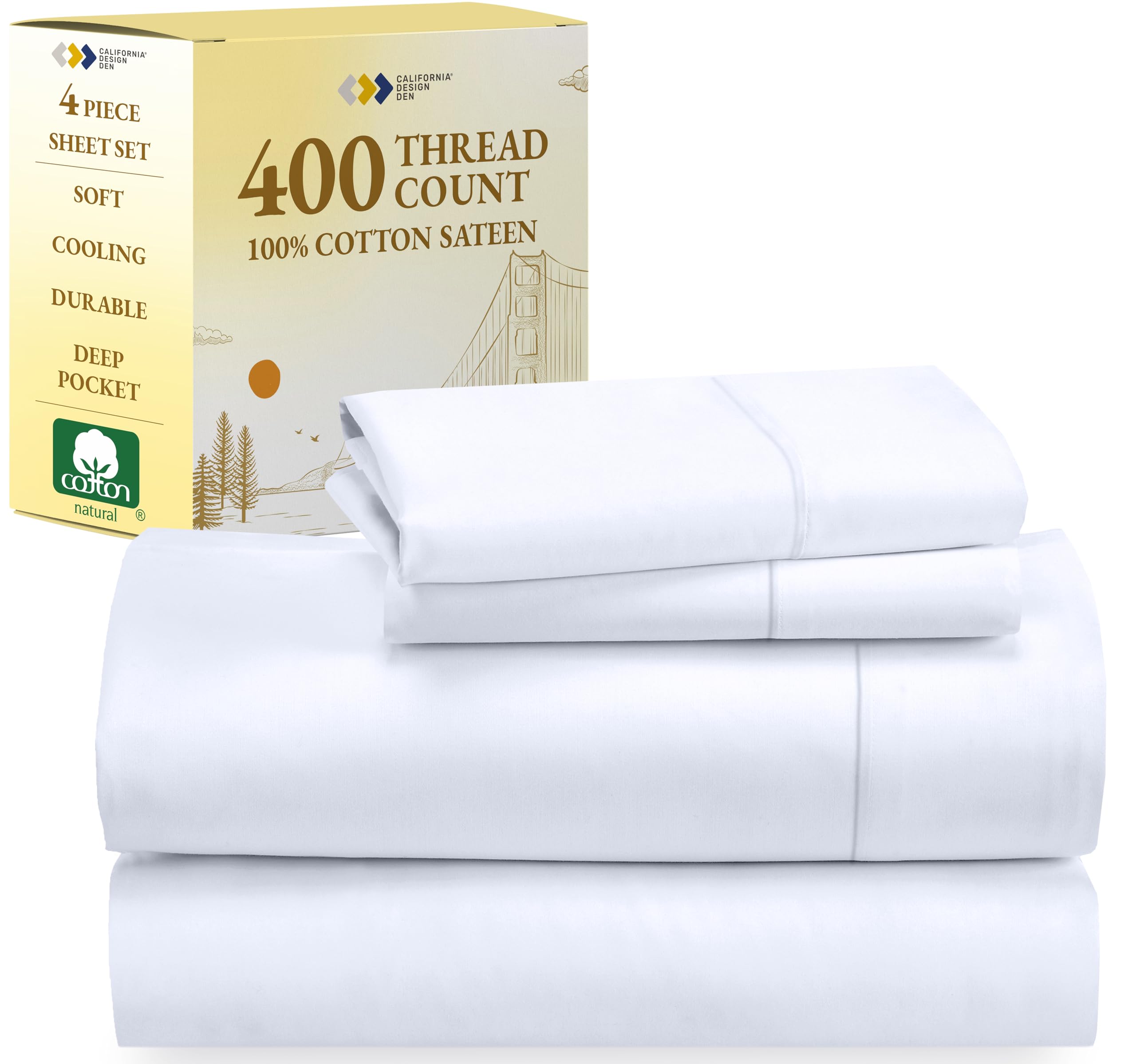 California Design Den 100% Cotton Sheets - 400 Thread Count Sateen Queen Sheets Set Deep Pocket, Soft Queen Size Bed Sheets, Cooling Sheets Queen Size Bed Set, Durable Cotton Bed Sheets (White Sheets)