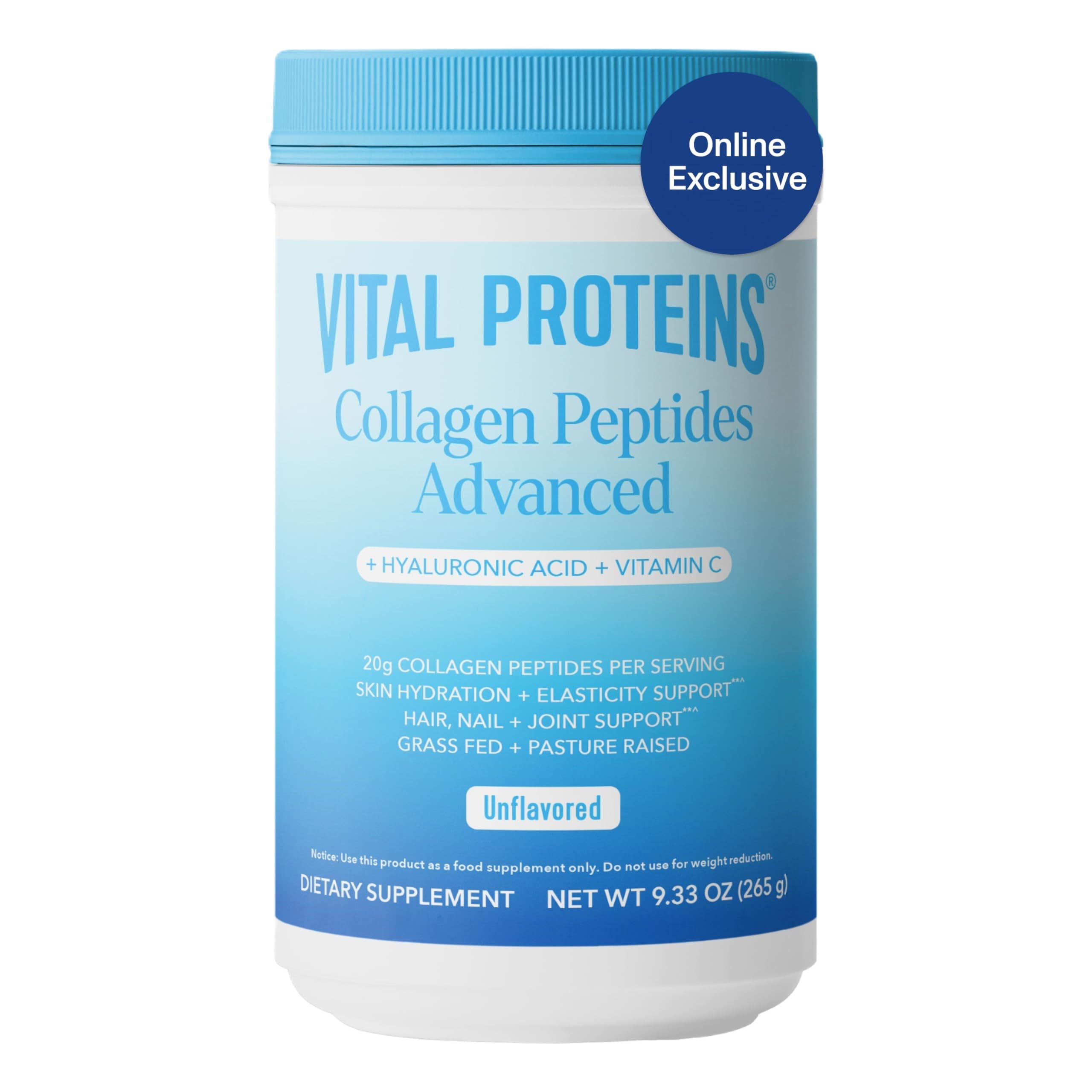 Vital Proteins Grass Fed Collagen Powder Supplement Hydrolyzed Peptides with Hyaluronic Acid and Vitamin C - Non-GMO, Dairy & Gluten Free Unflavored, 9.33oz