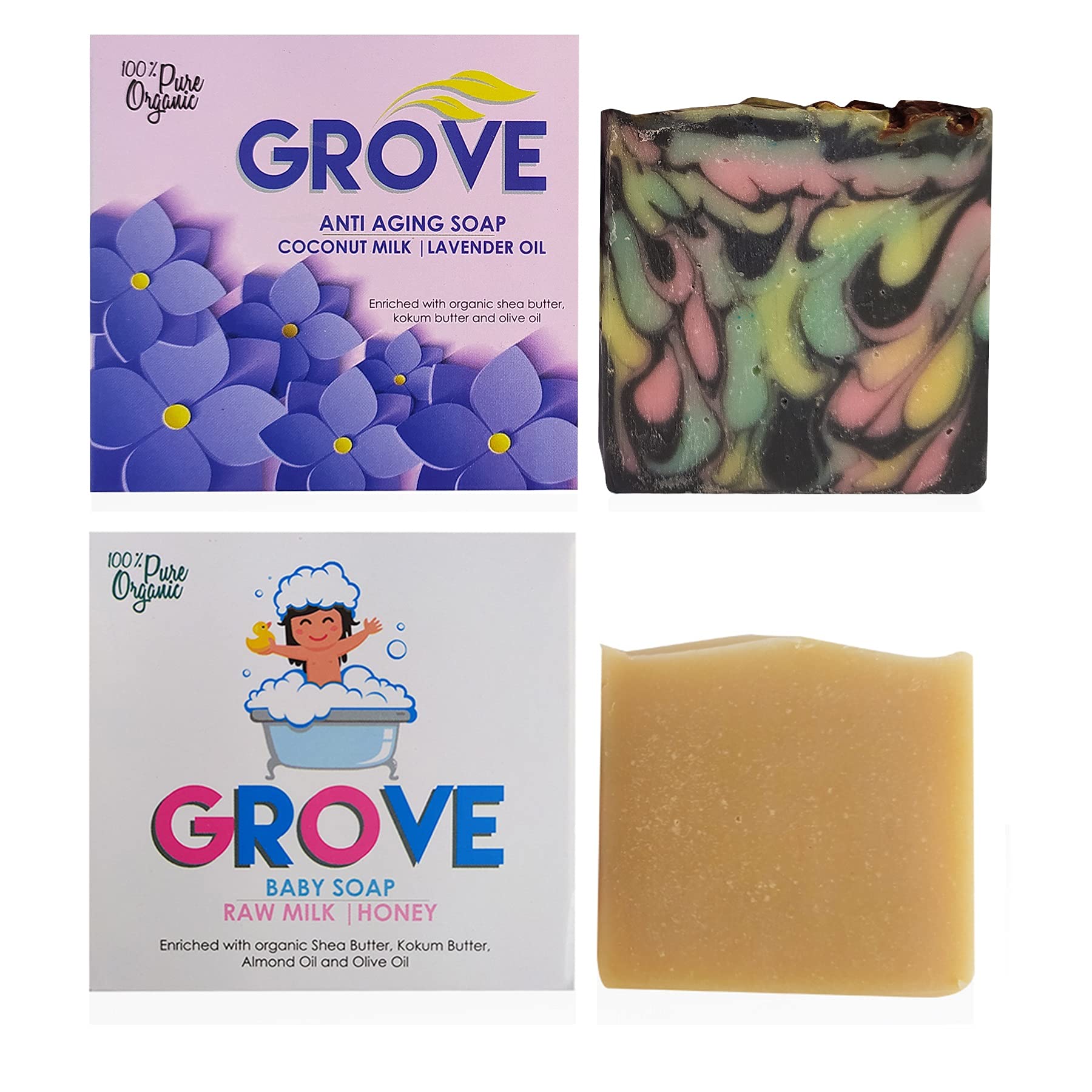 Grove Handmade Soaps Combo - Anti Aging(Vegan) & Kids - Each 100g Bars