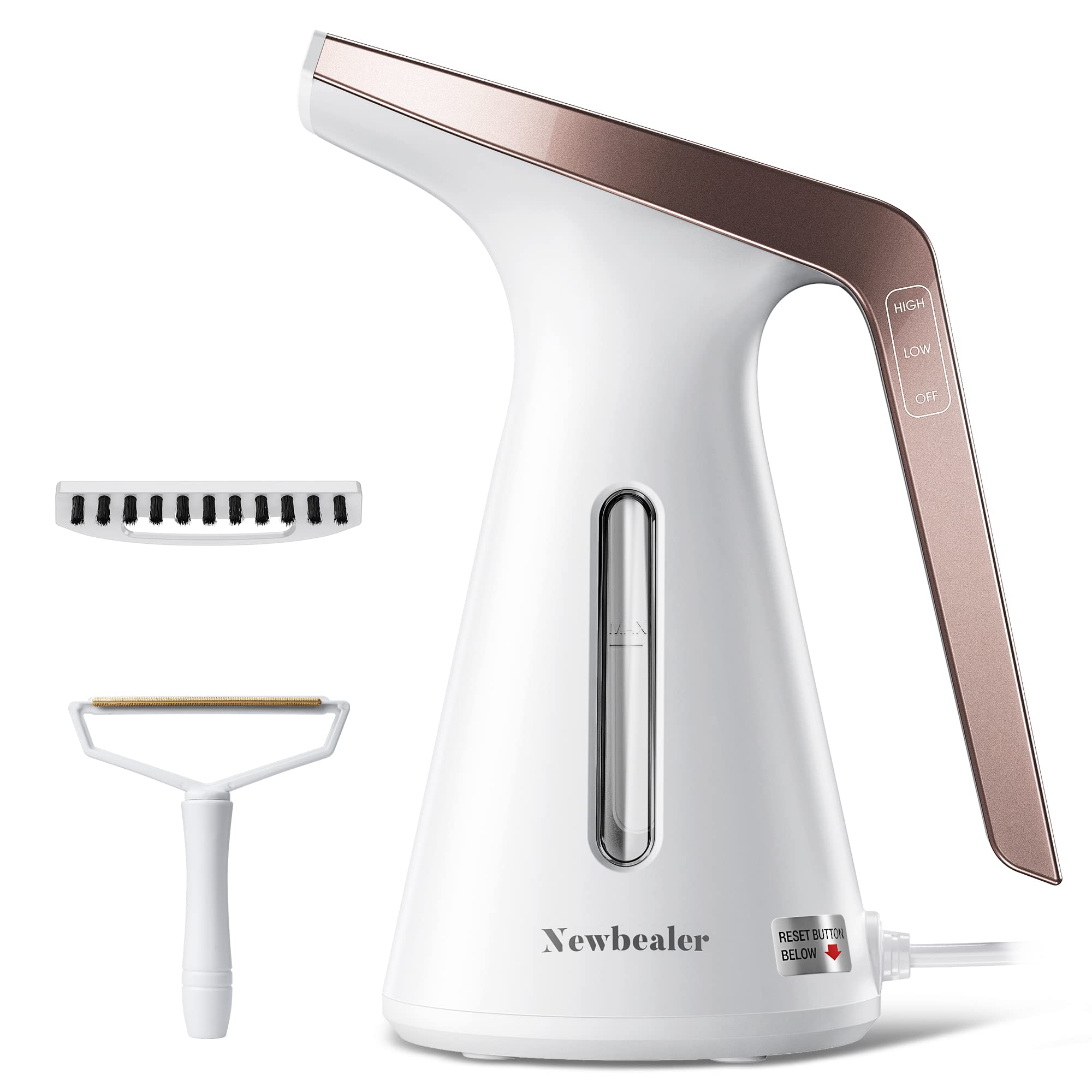 Newbealer Steamer for Clothes, 230ml Compact Handheld Fabric Wrinkle Remover, 2 Steam Levels and Auto-Off, Clothing Iron with Brush and Lint Cleaner Tool for Home/Travel (Economy Edition, Gold)