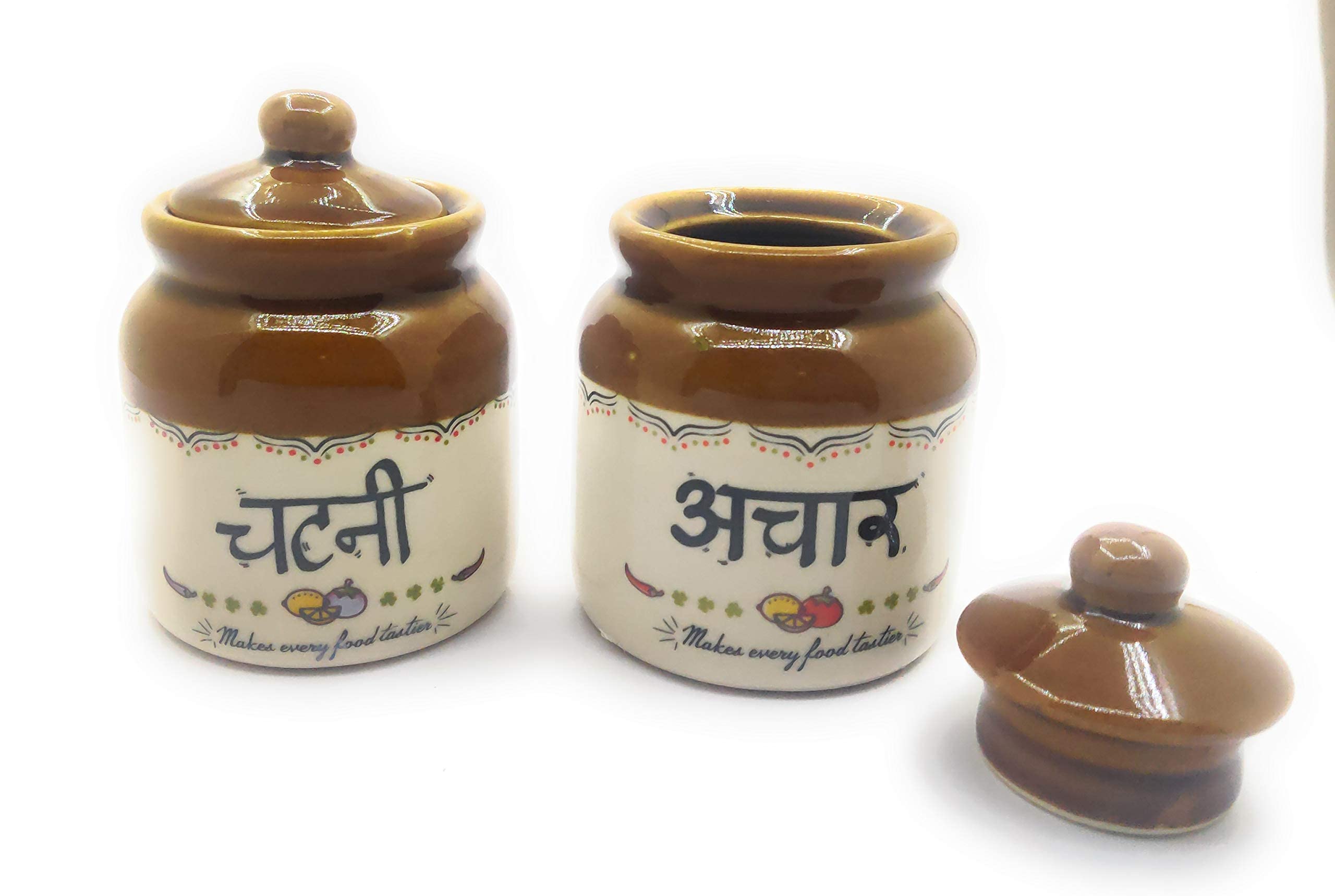 EK DO DHAI (DEVICE) Ceramic Pickle Jar Set|Convenient For Dining Table|High Qualtity Stoneware|Perfect For Storing Pickle|300Ml|Set Of 2|Multicolour-Multicolor