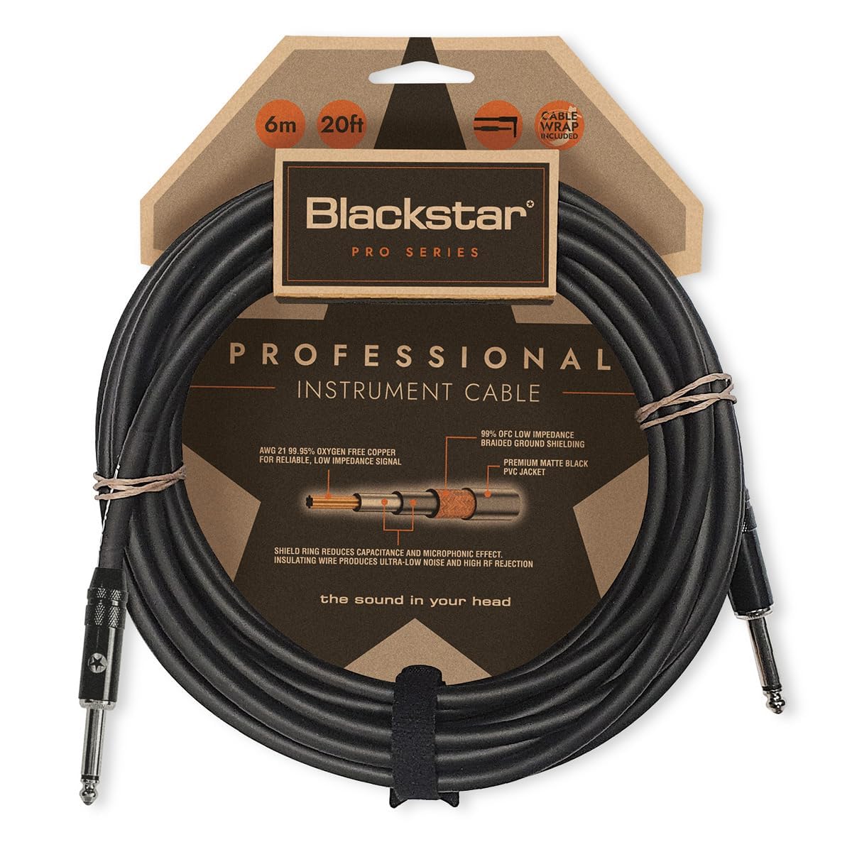 BLACKSTARBlackstar 6m (20ft) Pro Series Instrument Cable Straight ¼” Jack to Straight ¼” Jack for Bass/Electric Guitar/Electro-Acoustic/Keyboard/Amp