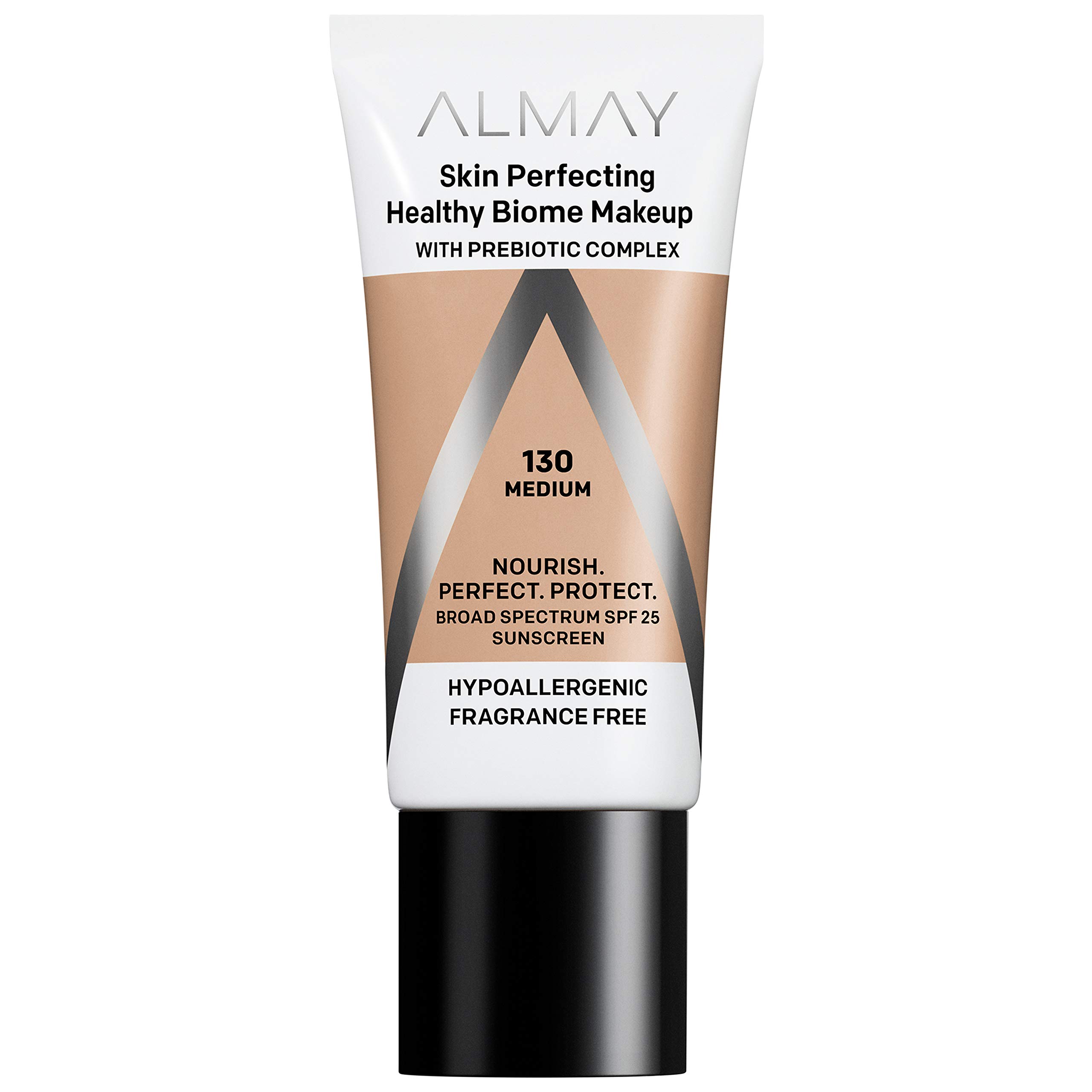 Almay Skin Perfecting Healthy Biome Foundation Makeup with Prebiotic Complex SPF 25, Hypoallergenic, -Fragrance Free, 130 Medium, 1 fl. oz.