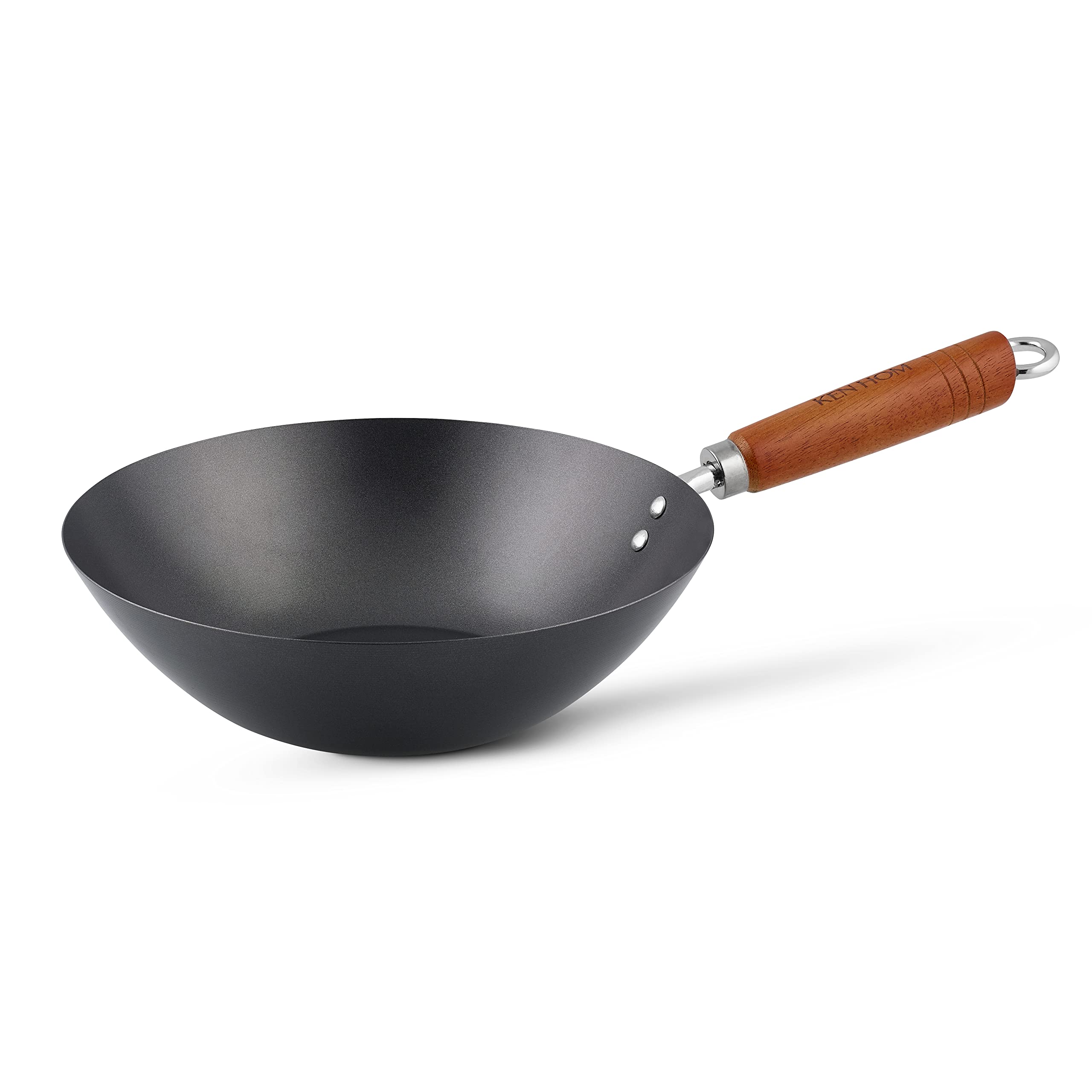 Ken Hom Carbon Steel Wok, 27cm, Classic, Non-Induction/Wooden Handle/Flat Base Pan, Includes 1 x Chinese Wok Pan, Black, KH327001