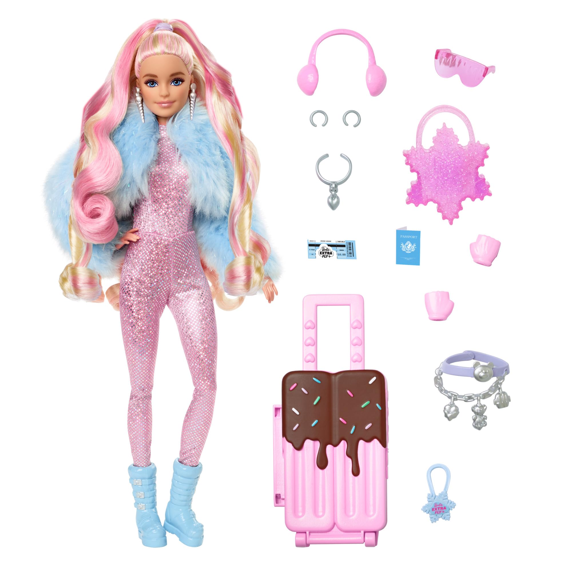 Barbie ​Travel Barbie Doll with Wintery Snow Fashion, Barbie Extra Fly, Sparkly Pink Jumpsuit and Faux-Fur Coat, HPB16, Blue,pink