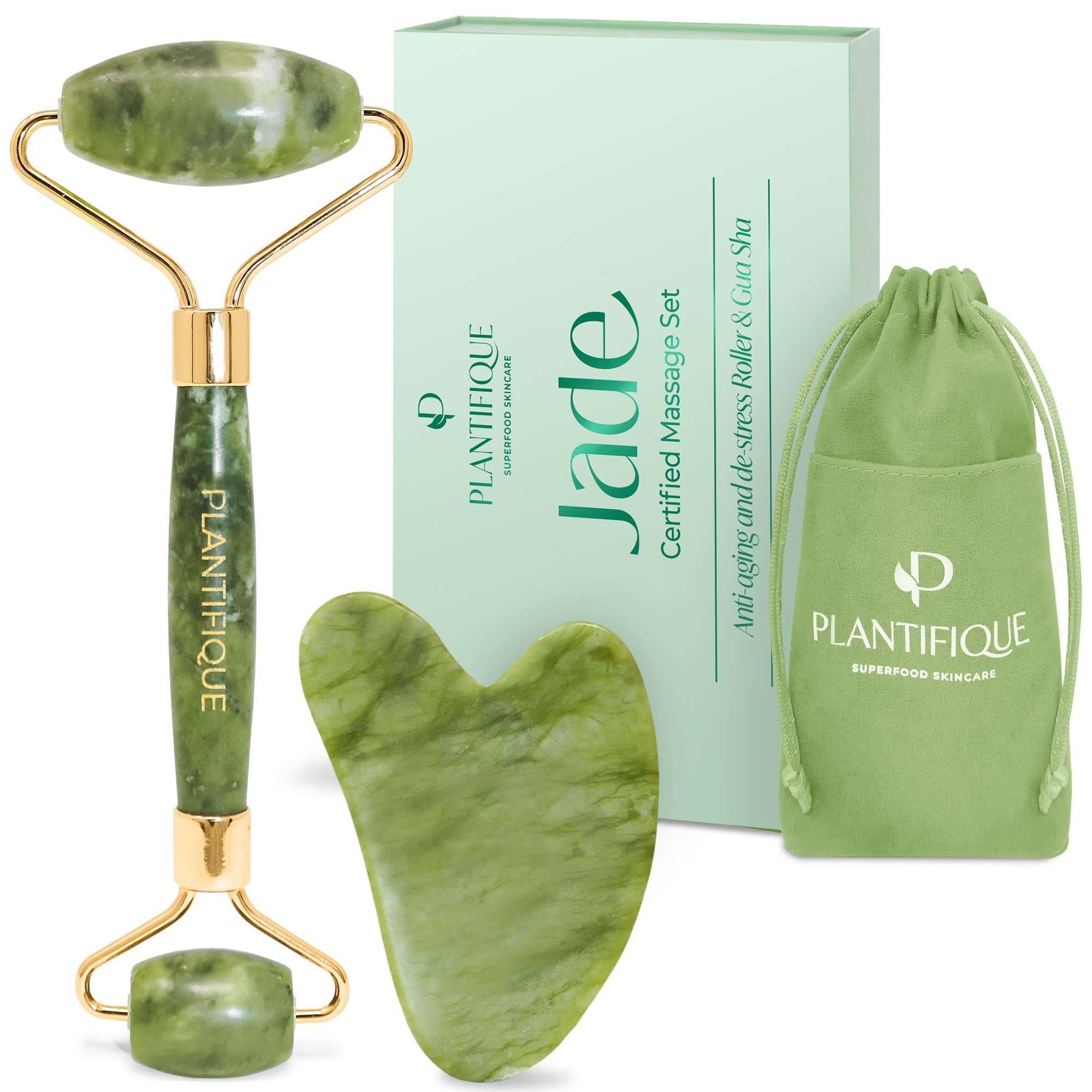 PLANTIFIQUE Jade Roller for Face and Gua Sha Facial Tools - Includes Real Jade Roller and Gua Sha Set - Certified Face Roller and GuaSha for Your Skin Care Routine