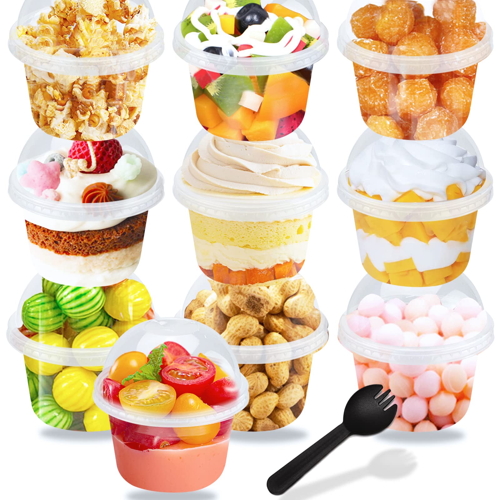 Panxxsen 50 Pcs 8oz Clear Plastic Cups with No Hole Dome Lids,Disposable Parfait Cups with Dome Lids,PET Dessert Cups,Fruit Cups with Sporks for Dessert Salad and Fruit