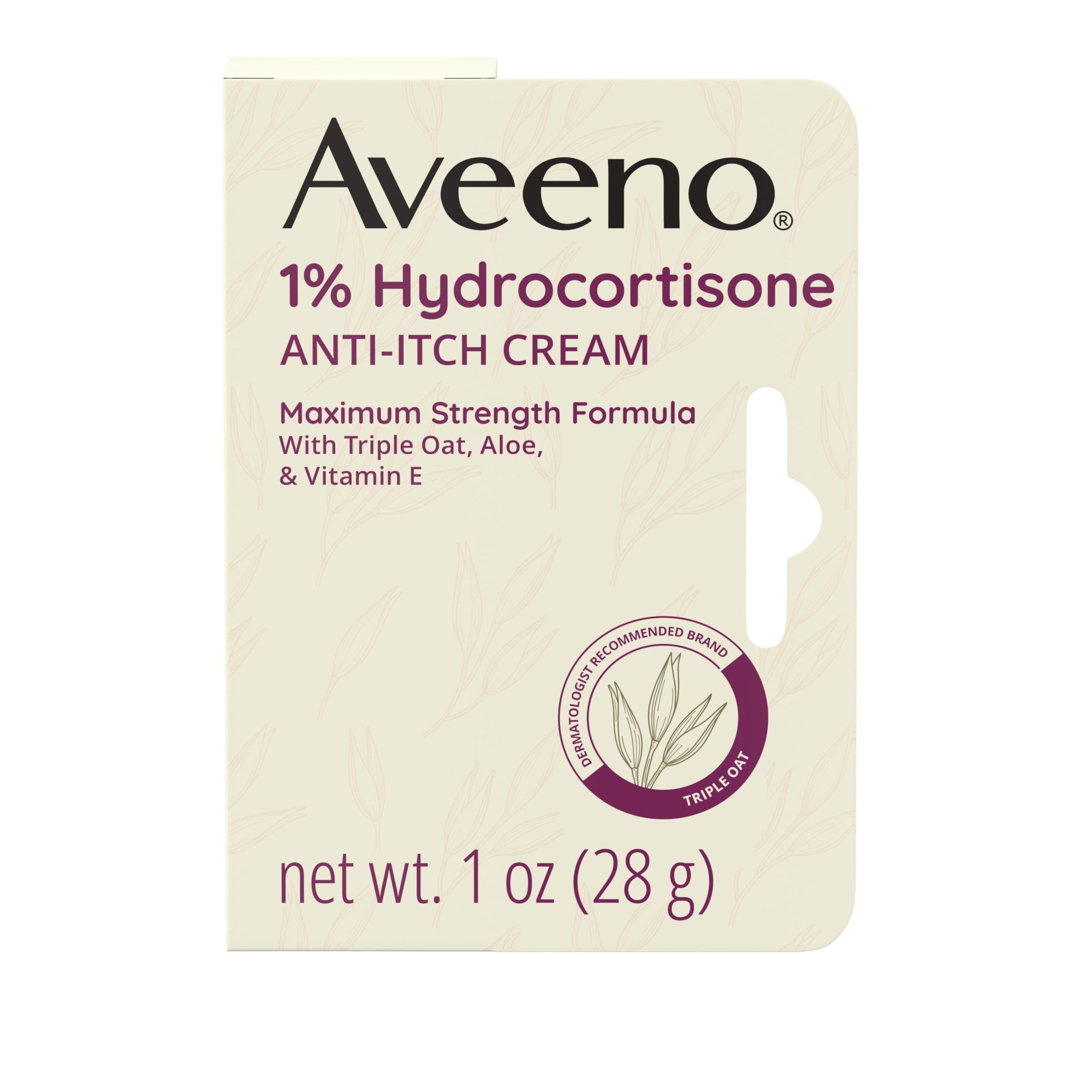 Aveeno Maximum Strength 1% Hydrocortisone Anti-Itch Cream with Pure Oat Essence, Triple Oat Complex, Aloe & Vitamin E, for Itch, Rash & Redness Relief, 1 oz Pack of 2