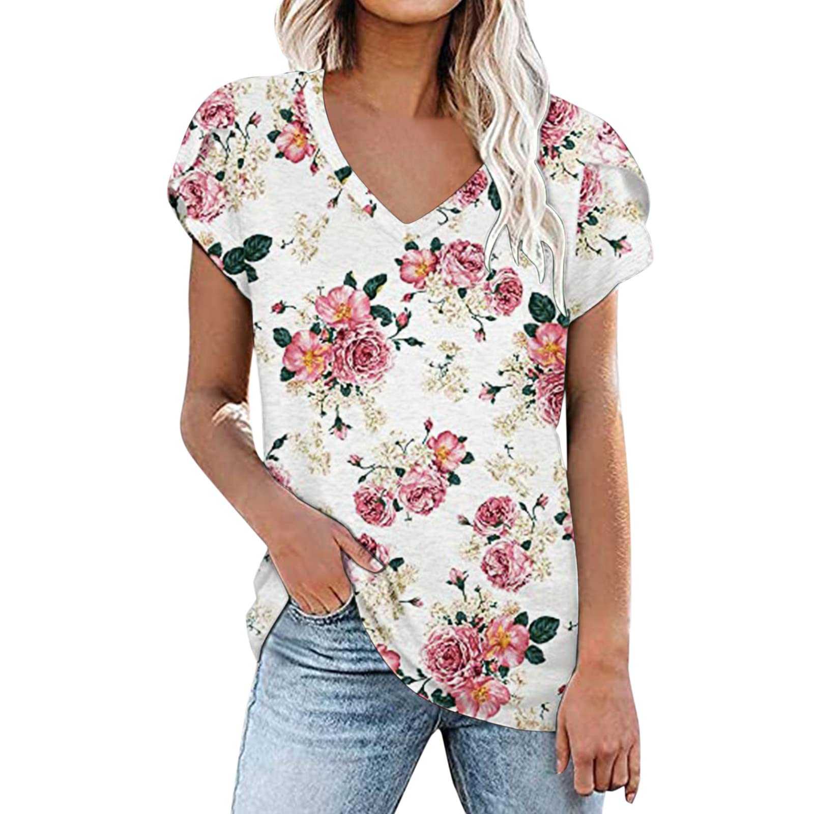 Tshirt Womens V-Neck Short Sleeve Summer Basic Loose Tops Leisure Tunic Tops Shirt Casual Casual Tie-Dye Color Gradient Flowers Summer Tops Casual Petal Sleeve T-Shirts Blouse for Women