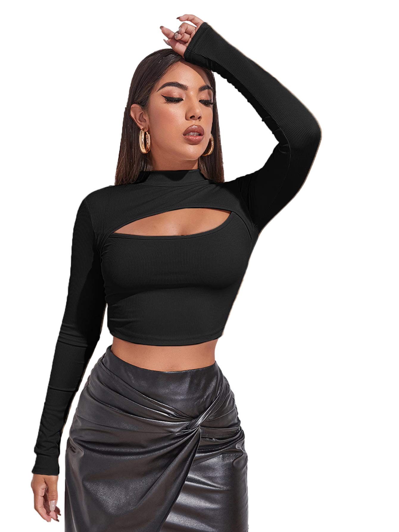 Women's Long Sleeve T Shirt Front Cut Out Basic Knit Mock Neck Crop Top