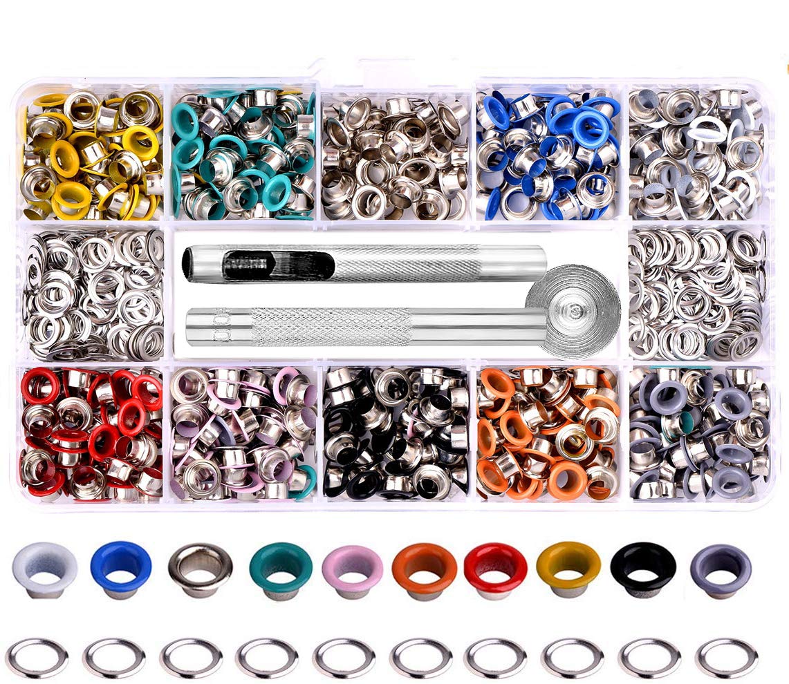 Metal Grommet Kit Multicolor Grommets Eyelets Sets with 3 Pieces Install Tool Kit and Box for Shoes Clothes Crafts Bag DIY Project (3/16 inch 500 Sets, 10 Colors)