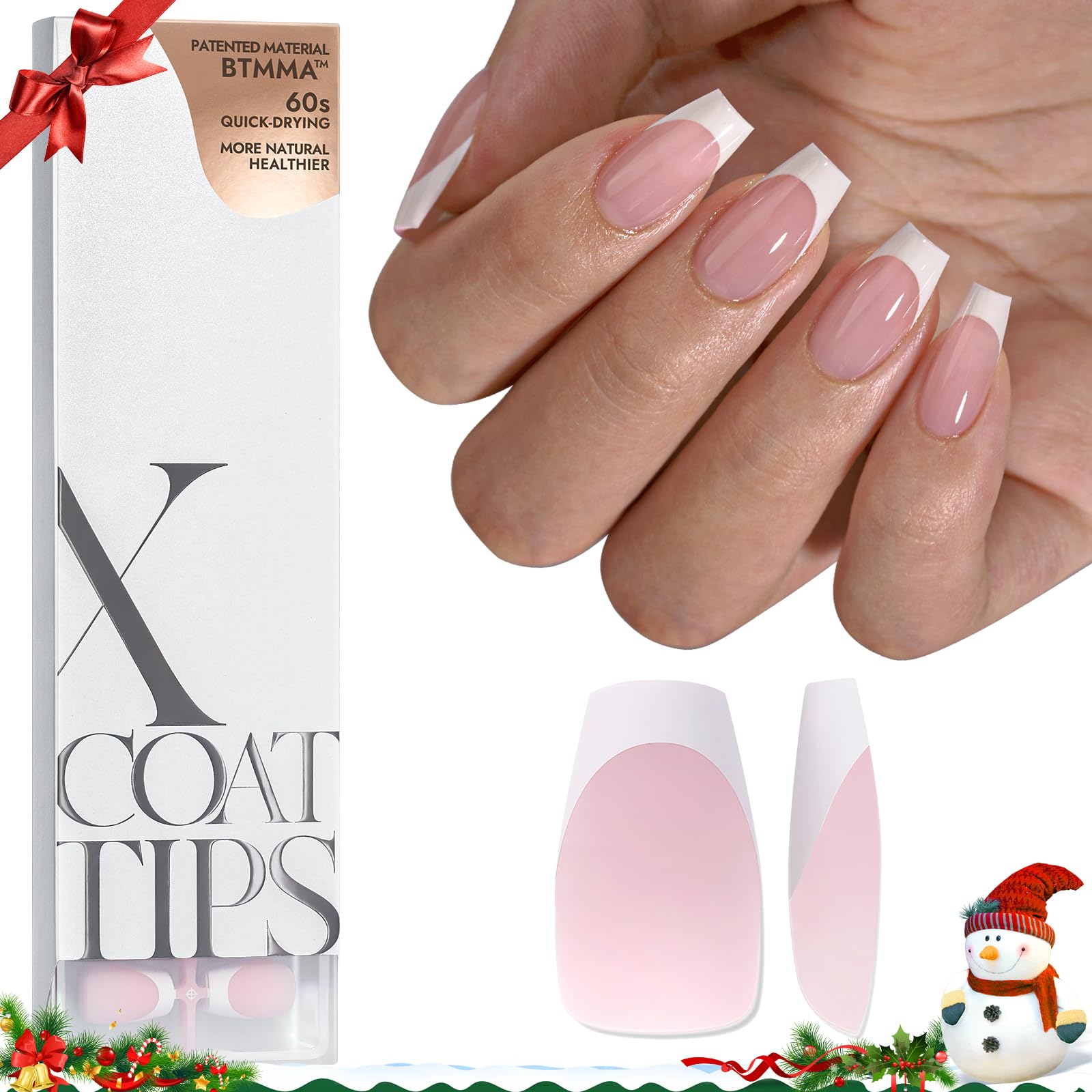 BTArtboxnails French Gel Nail Tips - French Tip Press on Nails Pink Short Coffin XCOATTIPS Pre-applied Tip Primer & Base Coat, No Need to File Fake Nails for Nail Art DIY