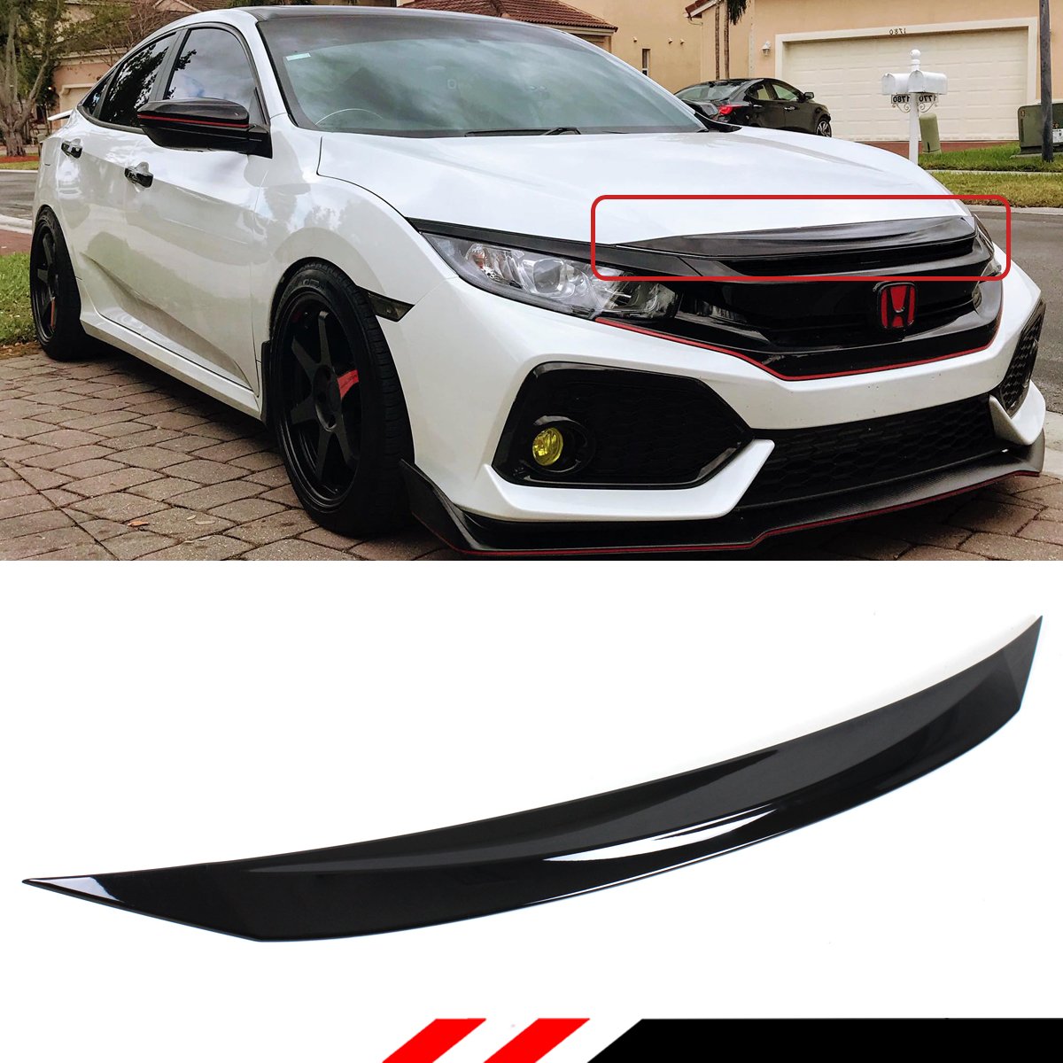 Glossy Black Front Hood Bumper Upper Trim Nose Cover Compatible with 2016-2021 Honda Civic 10th Gen Si Hatchback Coupe Sedan