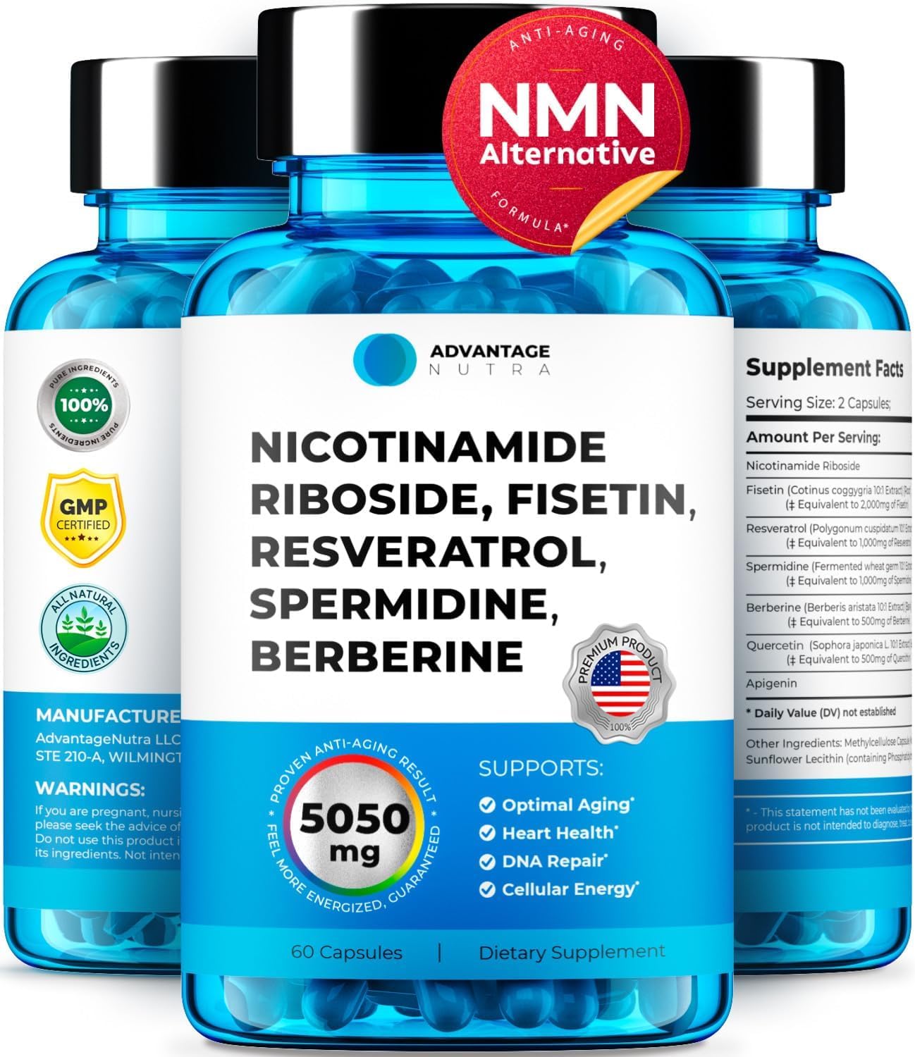 AdvantageNutra NMN Supplement Alternative - Liposomal Nicotinamide Riboside, Fisetin, Resveratrol, idine, Berberine - High Purity NAD Supplement for Anti Aging, Heart & Joint Health 60 Capsules