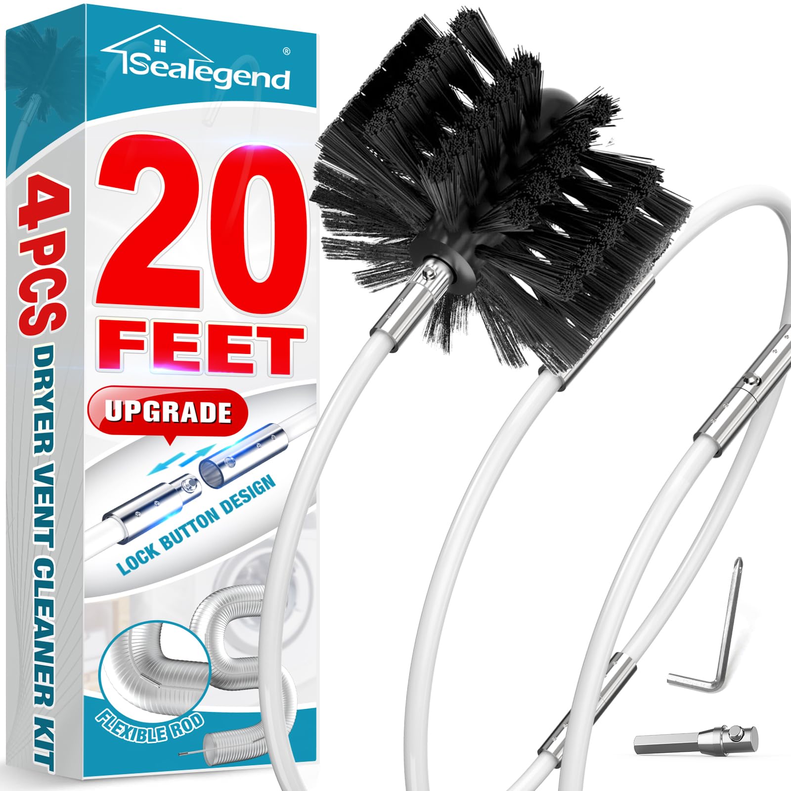 Sealegend 20 FEET Dryer Vent Cleaner Kit Flexible Quick Snap Brush with Drill Attachment Extend up to 20 FEET for Easy Cleaning Upgraded Dryer Vent Cleaning Kit Use with or Without a Power Drill