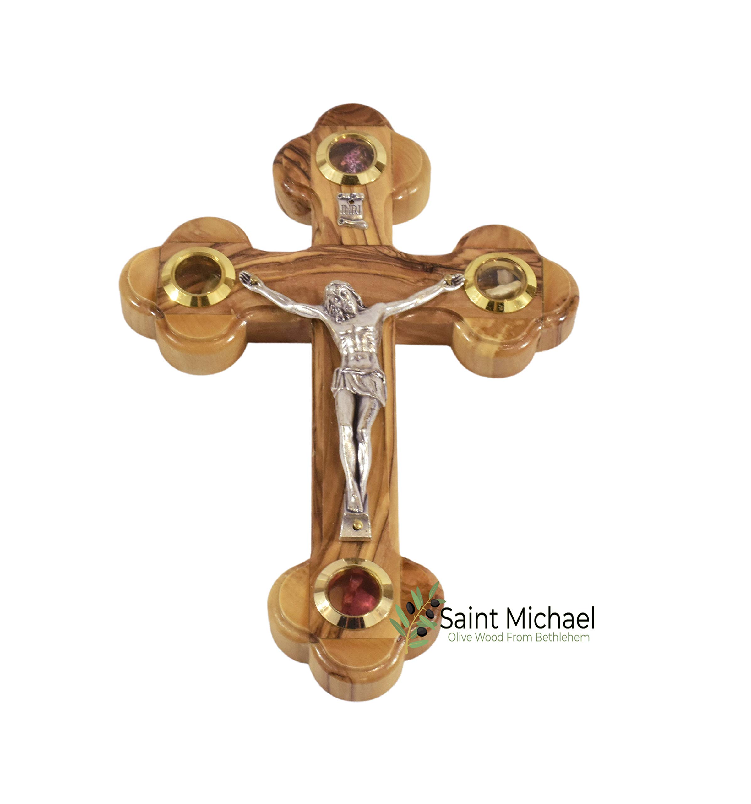 8 Inch Olive Wood Wall Crucifix – Wall Hanging Cross Hand Carved in The Holy Land – 4 Glass Filled with Flowers Incense- Stones and Olive Leaf