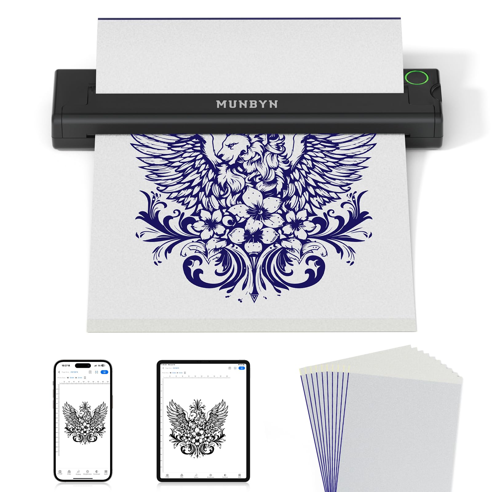 MUNBYN Tattoo Stencil Printer ITP05, Wireless Thermal Tattoo Printer Machine with 10 Transfer Papers, Compatible with Android and iOS Phone/Tablet & PC, Tattoo Kit for Tattoo Artists & Beginners