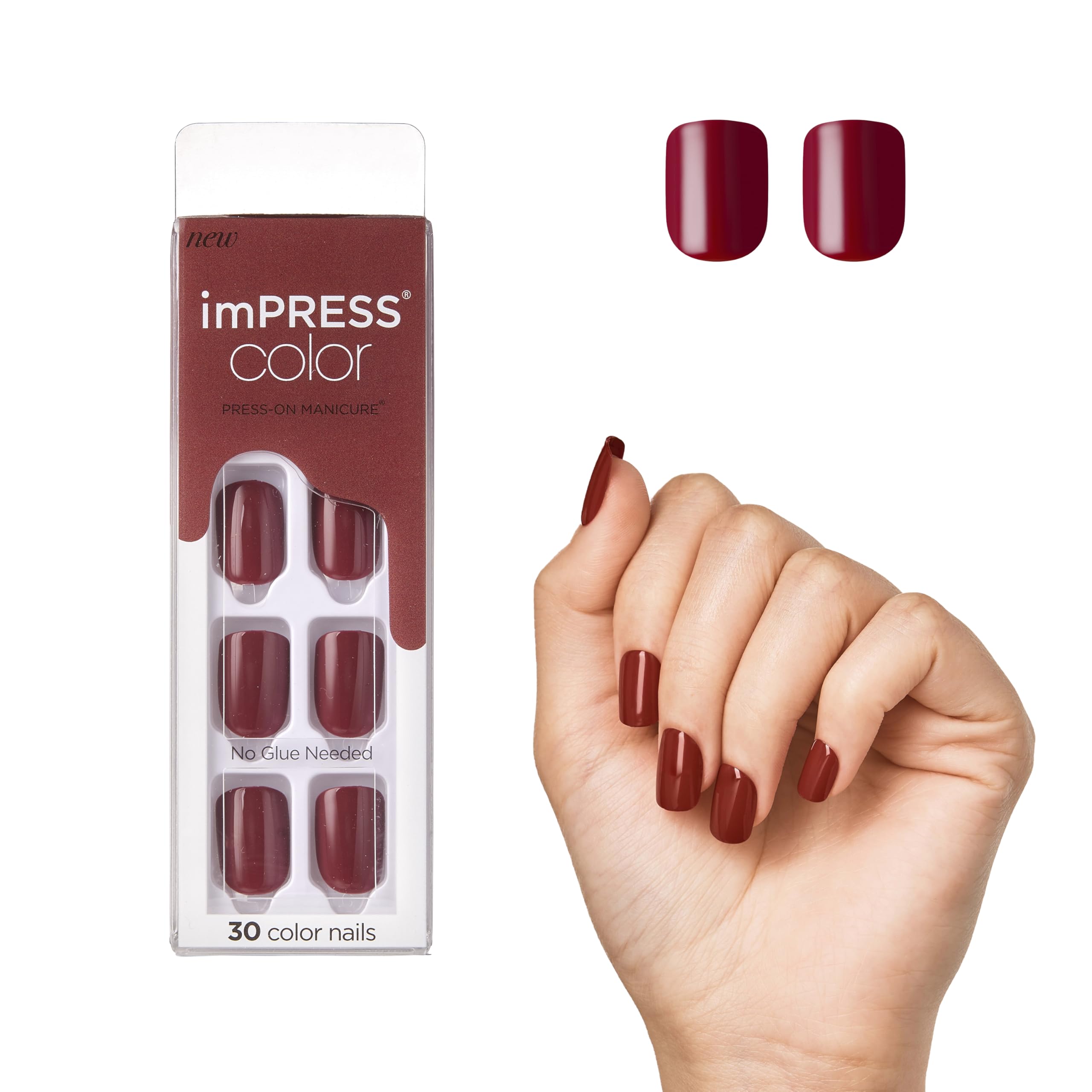 KISS imPRESS Color Press-On Nails, PureFit Technology, Short Length, “Espress(y)ourself”, Polish-Free Solid Color Manicure, Includes Prep Pad, Mini Nail File, Cuticle Stick, and 30 Fake Nails