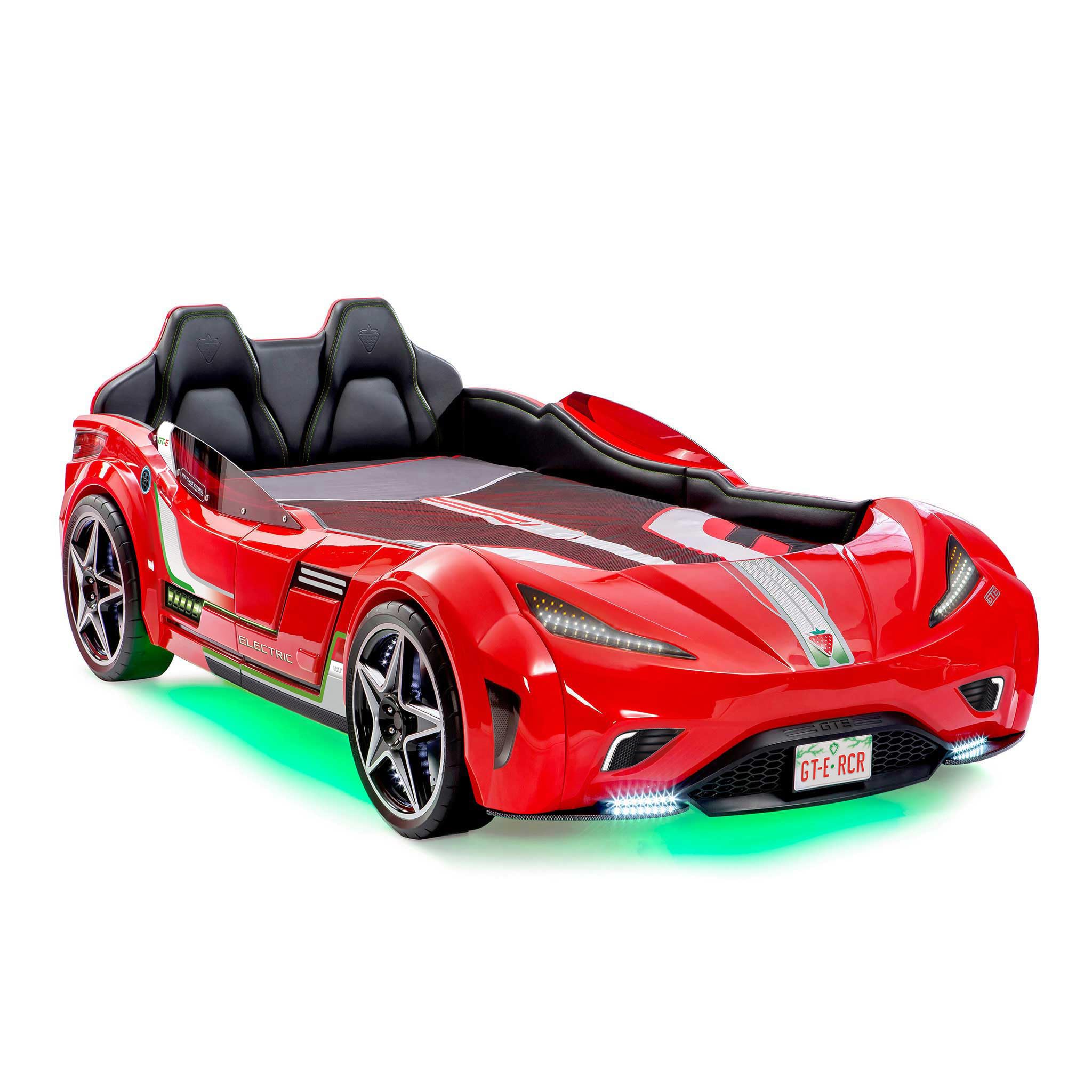 GTS EV Twin Race Car Bed, Remote Control, LED Lights, EV Sound FX, Vegan Leather Interior, License Plate, Red