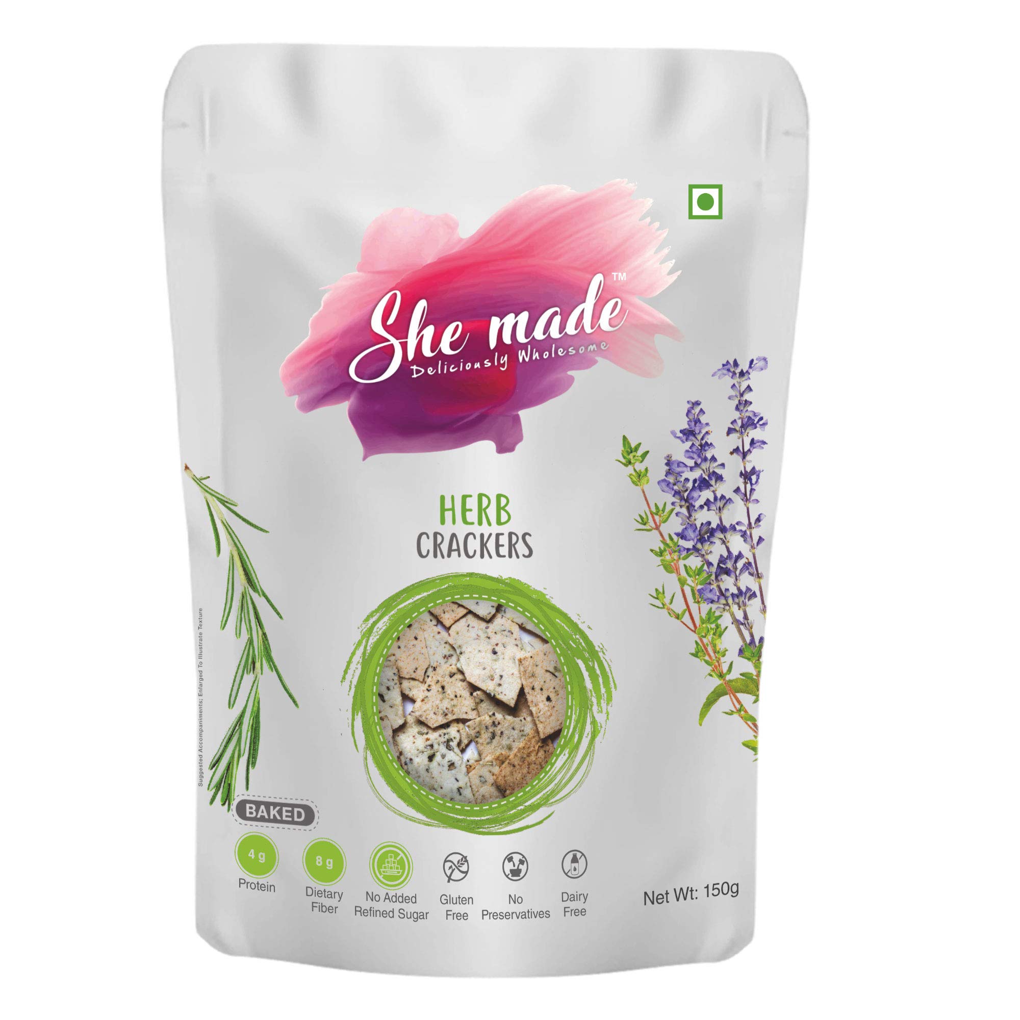 She Made Deliciously Wholesome Foods Crackers Biscuit-Mixed Herb Flavour,Vegan&Gluten-Free Snack,Healthy Baked Crackers,Tasty Gourmet Bites,Tasty Gourmet Bites(150 Grams)