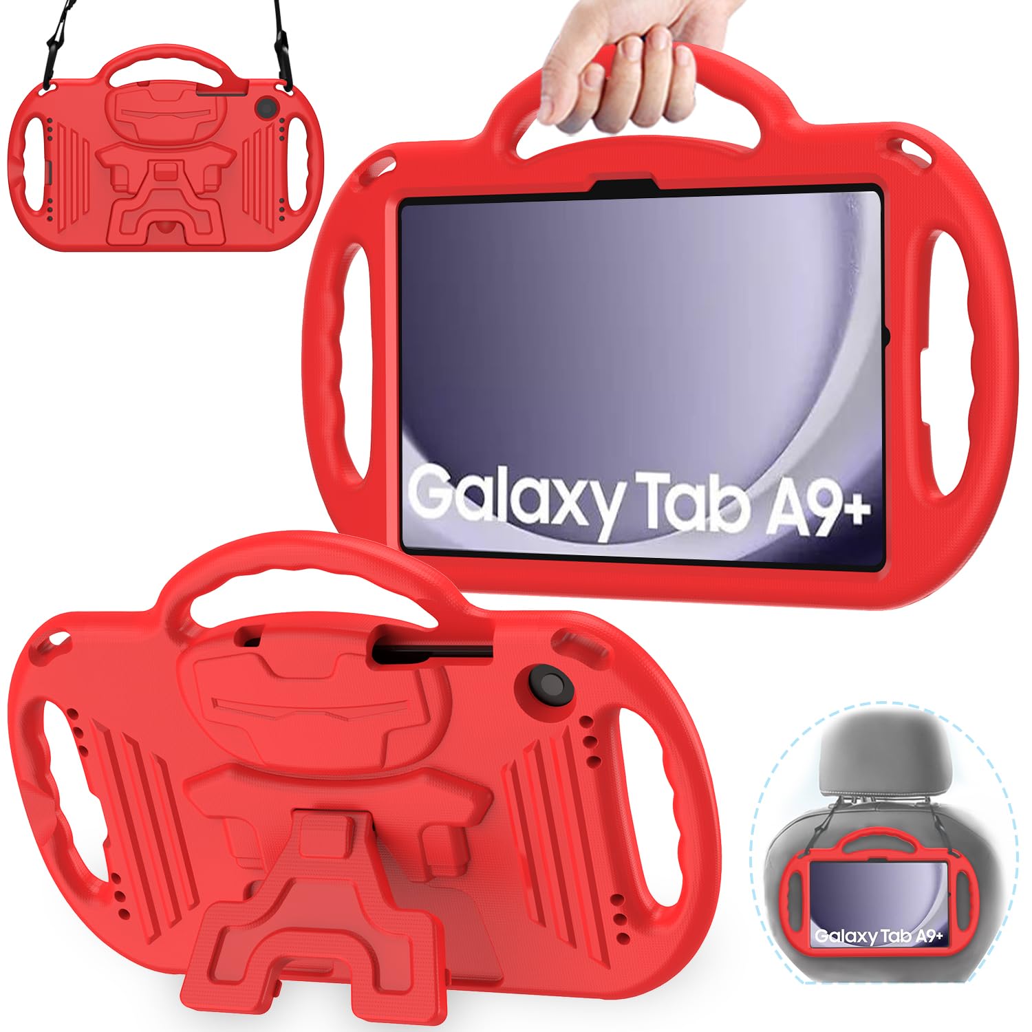 AVAWO Kids Case for Samsung Galaxy Tab A9+/A9 Plus 11 Inch 2023 Case, with Strap, Shockproof Lightweight Handle Stand 2023 Model (SM-X210/X216/X218) with Lanyard, Red