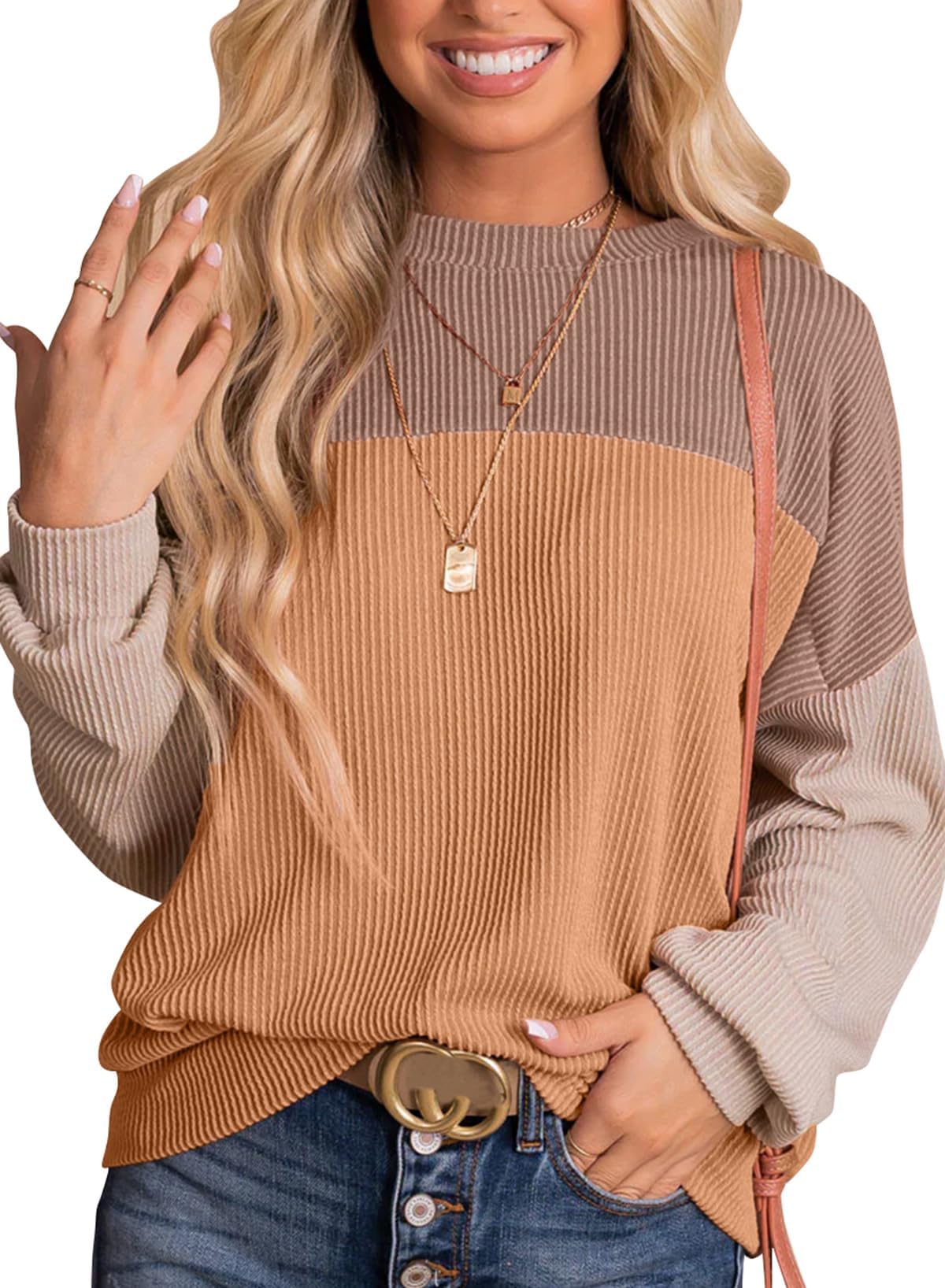 DUOEASEWomen's Autumn Crew Neck Oversied Sweatshirt Colour Block Tops Textured Long Sleeve Shirt