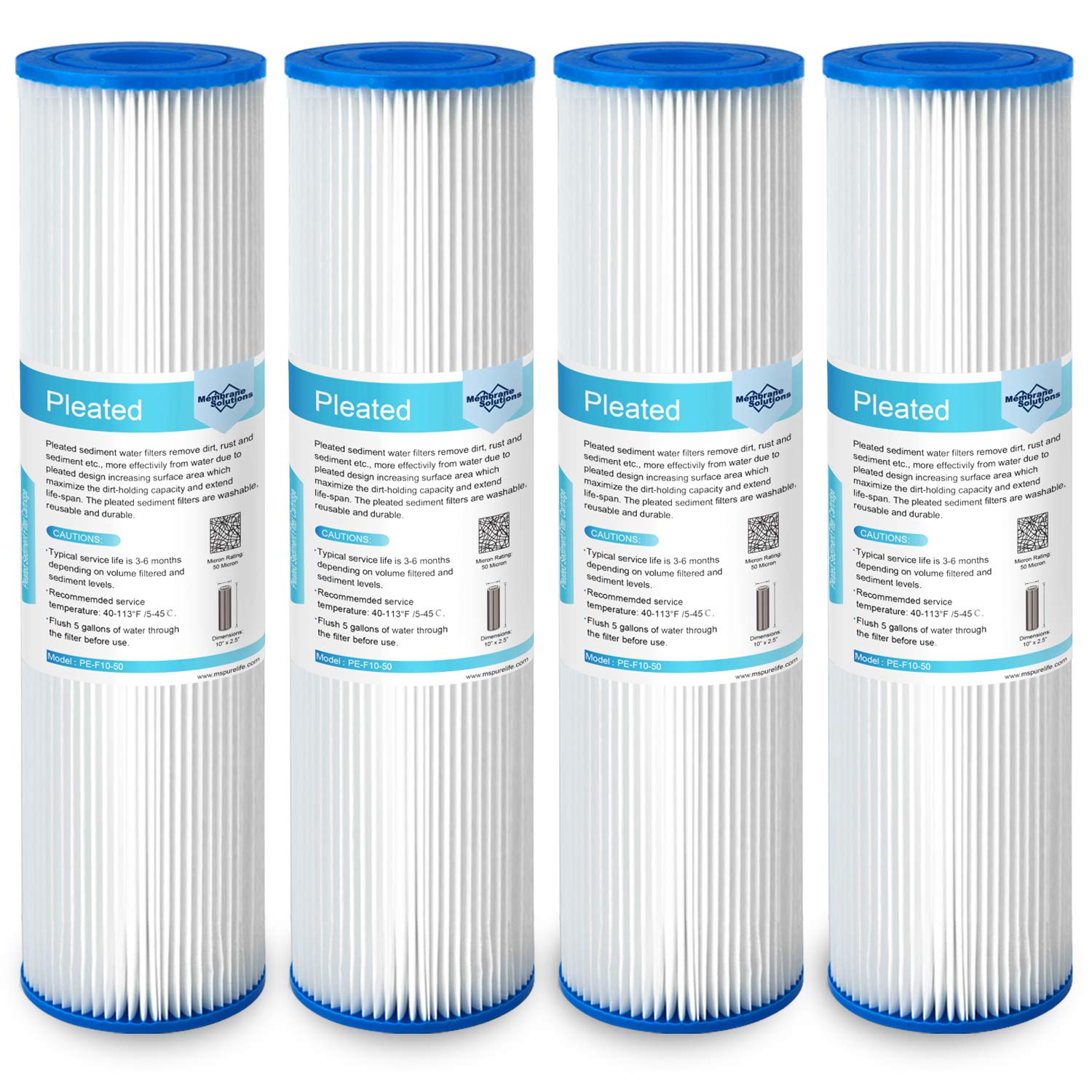 Membrane Solutions 50 Micron Pleated Polyester Sediment Water Filter 10"x2.5" Replacement Cartridge Universal Whole House Pre-Filter Compatible with W50PE, WFPFC3002, SPC-25-1050, FM-50-975 - 4 Pack