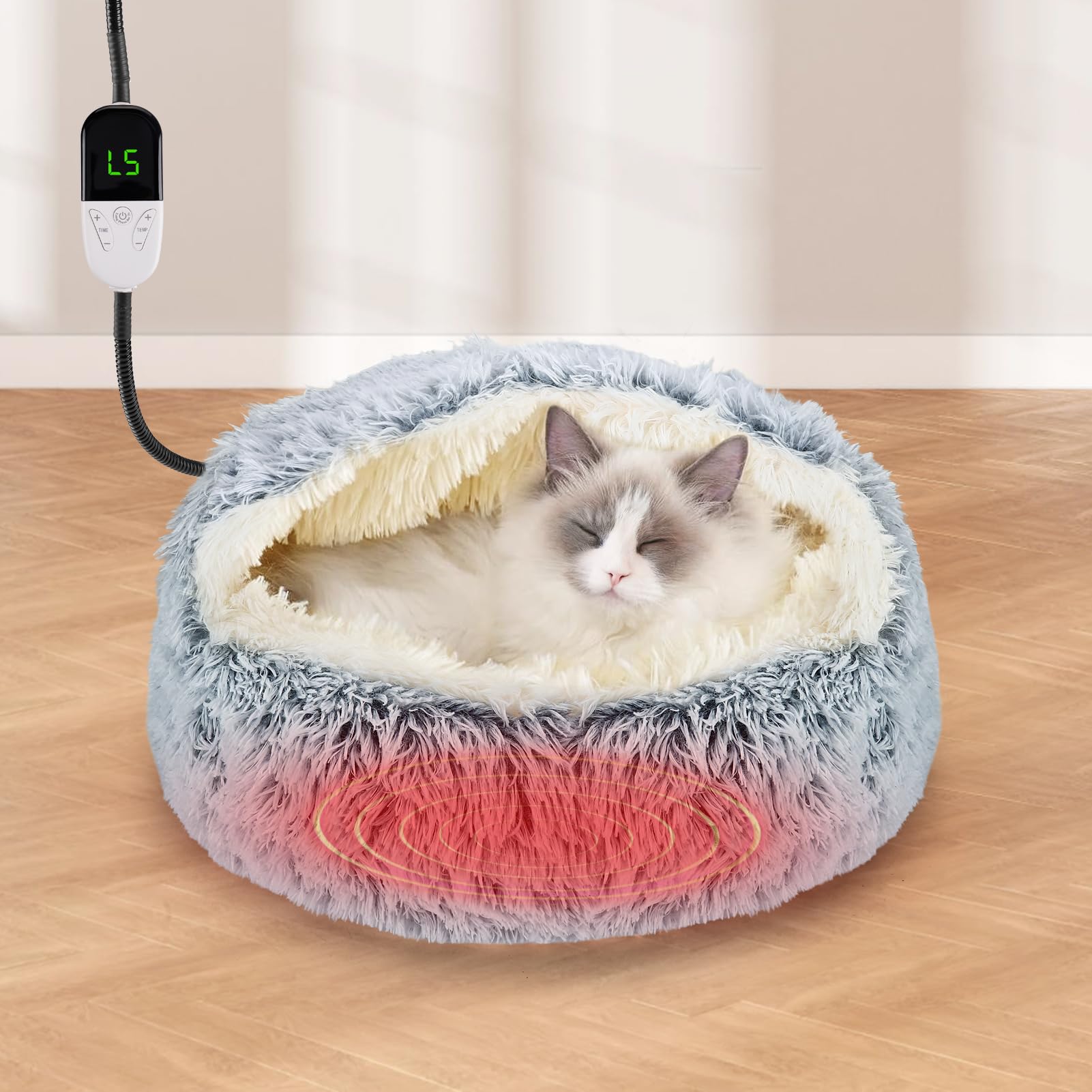 MEWTOGO19.7in Heated Cat Bed with Hooded Cover - Warm & Soft Cat Cave Bed with Pet Heating Pad, 6 Levels Adjustable Temp & Timer, Washable for Small Pets Up to 16.5lb and Cat Gifts