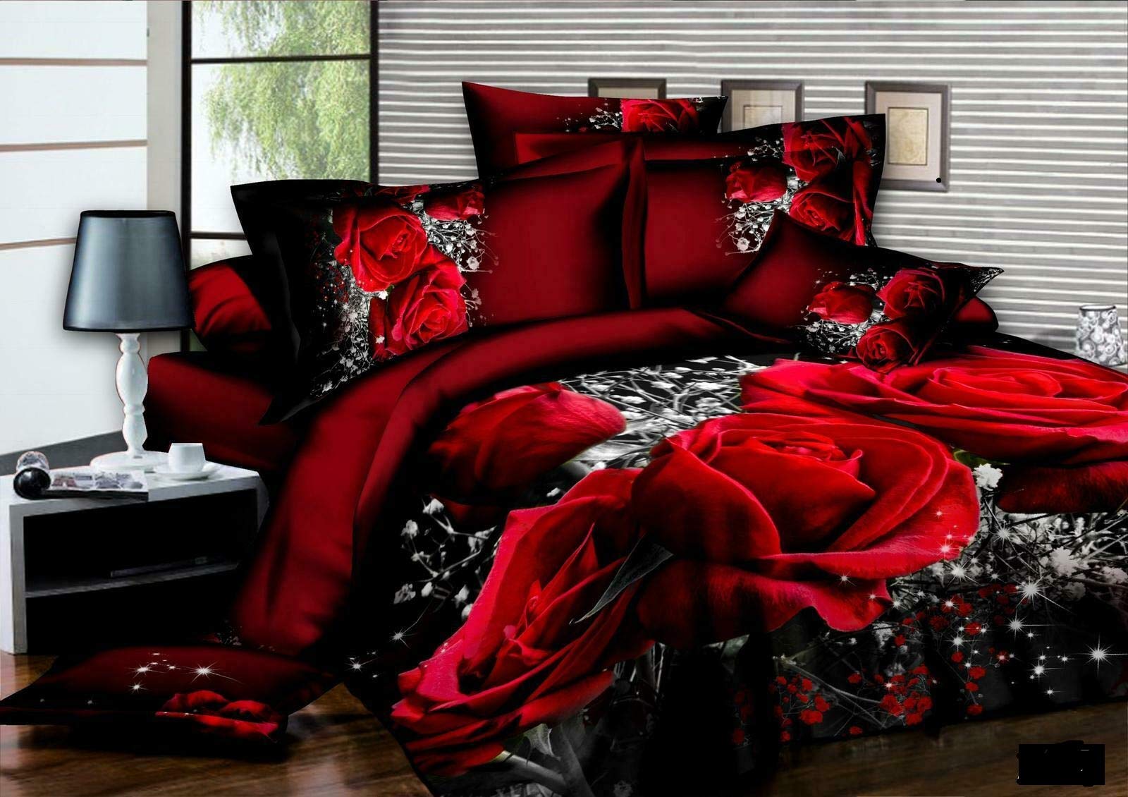 4 Pcs Complete Bedding Set 3D Design Floral Printed Duvet Cover with Fitted Sheet Pillowcases (Red Black Roses 242, King)