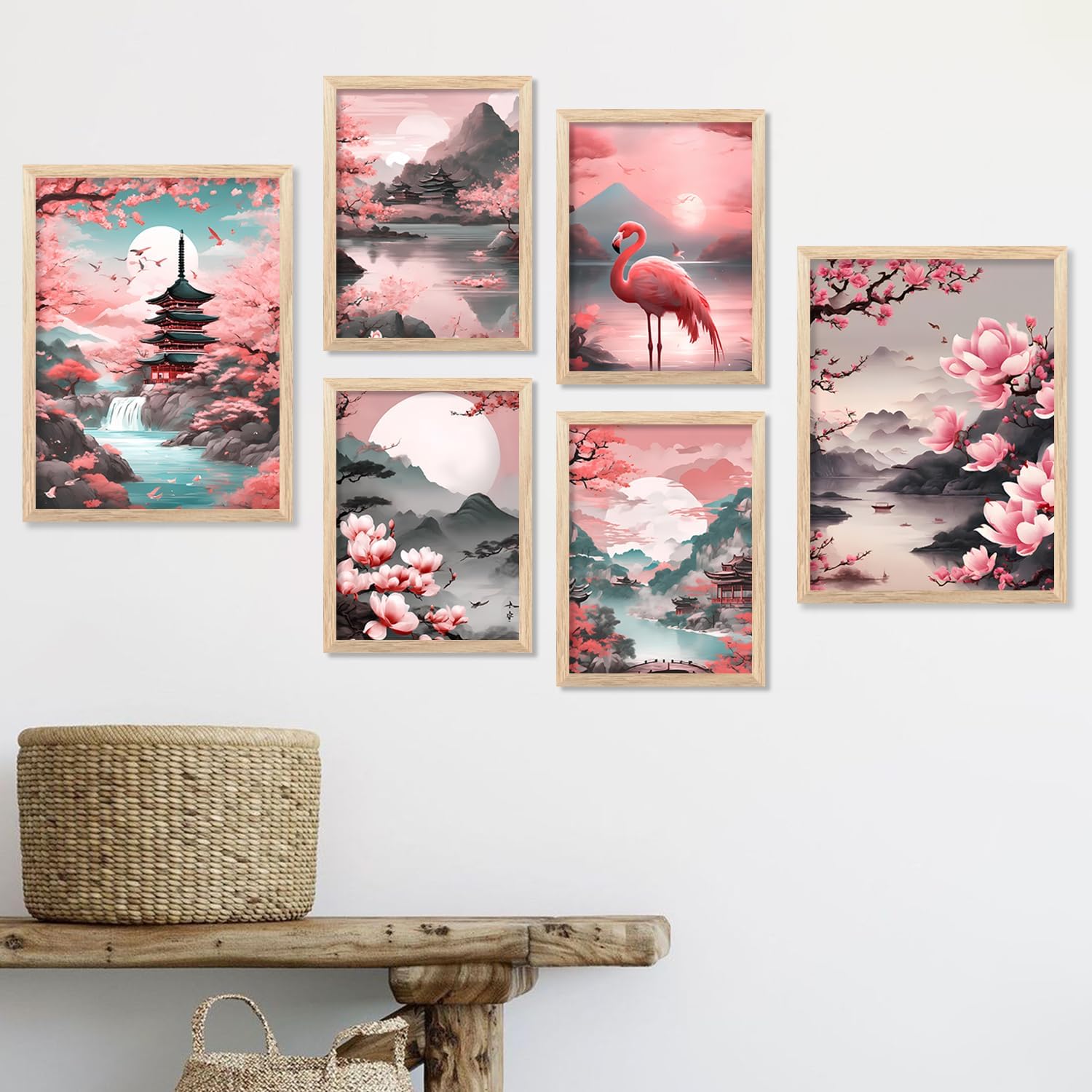 VASL™ Studio Premium Japanese Wall Art Painting with Frame for Home Decoration/Scenic Wall Decor Paintings for living room & Bedroom & Flamingo Poster for Room Decor (Japanese Pattern) (Set of 6)