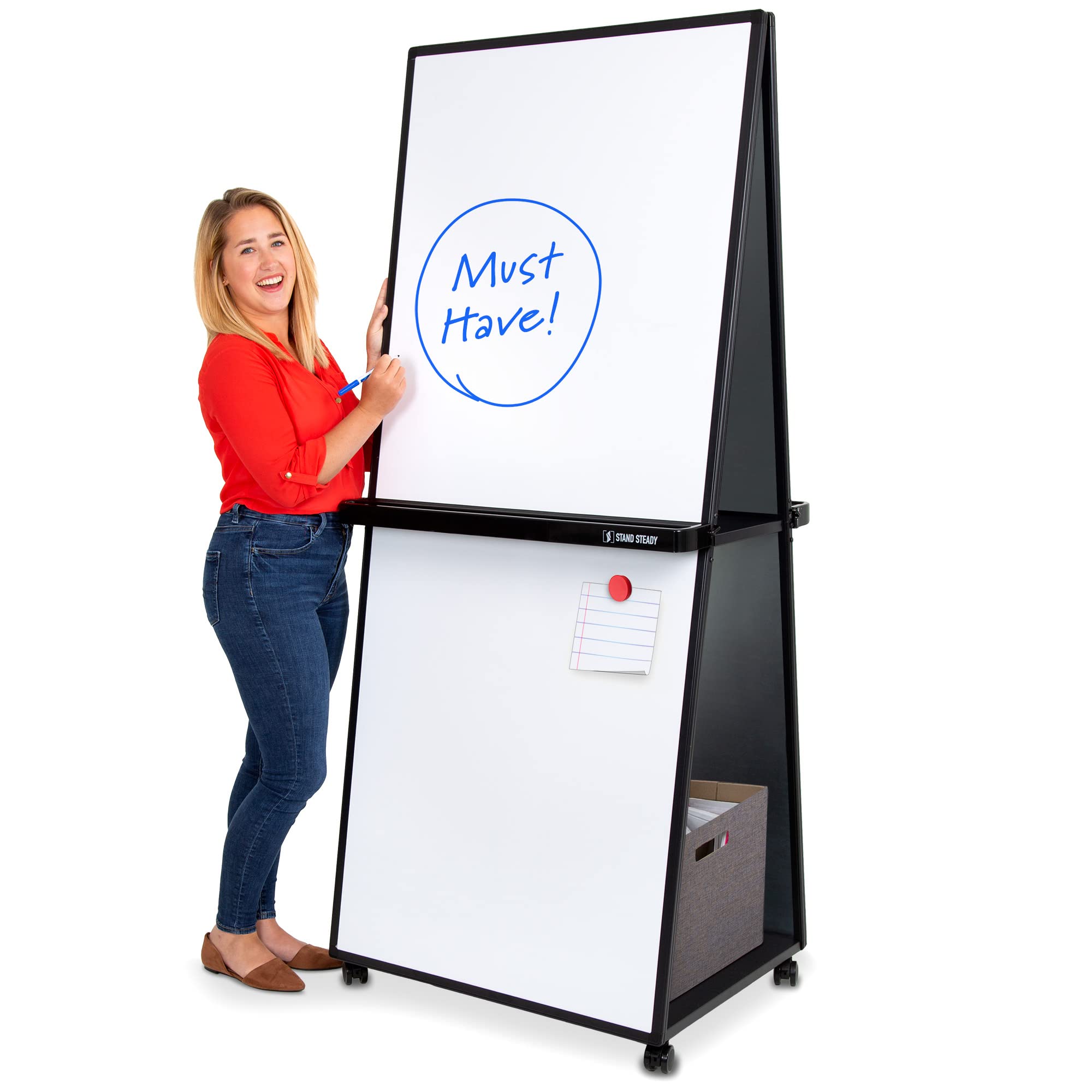 Stand Steady Extra Tall 74 inch Mobile Whiteboard, Double-Sided Magnetic Dry Erase Board on Wheels, Portable Office and School Easel White Board with Built-in Storage Shelves (1-Pack, 74in x 31in)