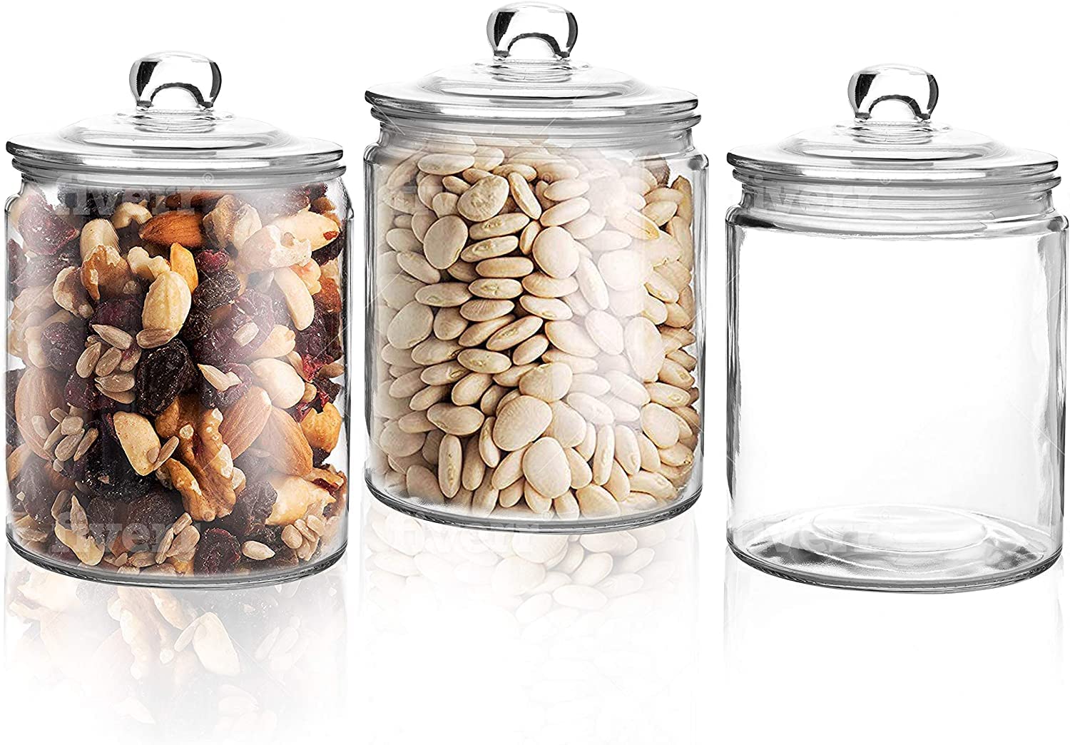 VOIDROP- set of 3 Apothecary Canisters, Heritage Hill Canister jar of 1 Ltr, glass jars for sugar, cookies, chocolates sticks, marshmallow, Dishwasher safe, Crystal Clear Glass, Think knop, etc