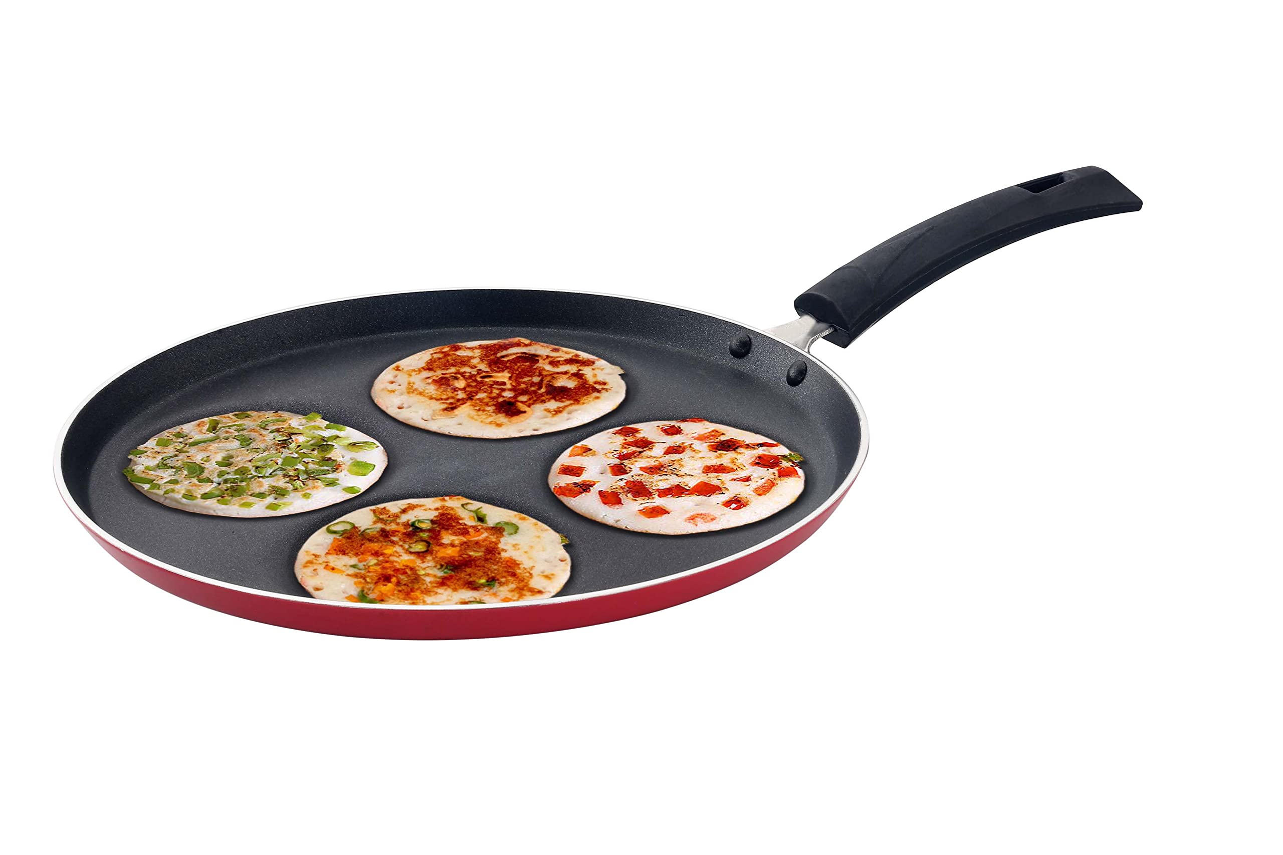 SOWBAGHYA Non Stick Uttappam Tawa(4Pits) - Red | 4 Cavities | Thickness: 3.2 mm | Dia: 305 mm | 3Layer Whitford Coating | Non Induction