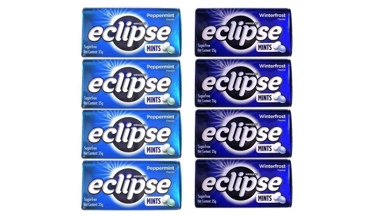 Pack of 8 Eclipse Sugarfree Mint Candy - Breath Freshener - 1.2 oz per Tin - 50 Mints per Tin (4X Peppermint and 4X Winterfrost)